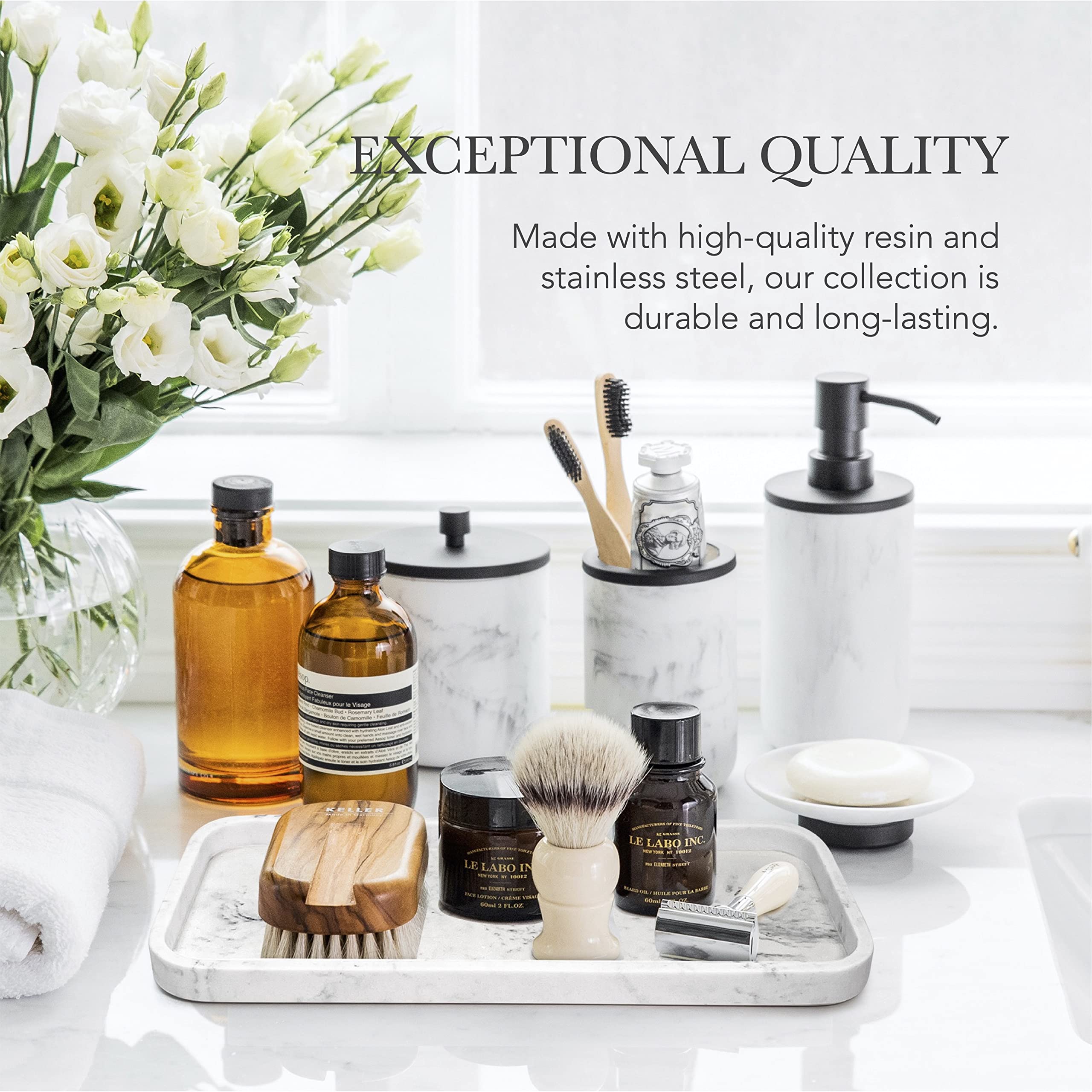 Bathroom Soap Dispenser Set - Bathroom Toothbrush Holder Set, Marble Bathroom Accessories, Matte Black Bathroom Accessories Set,