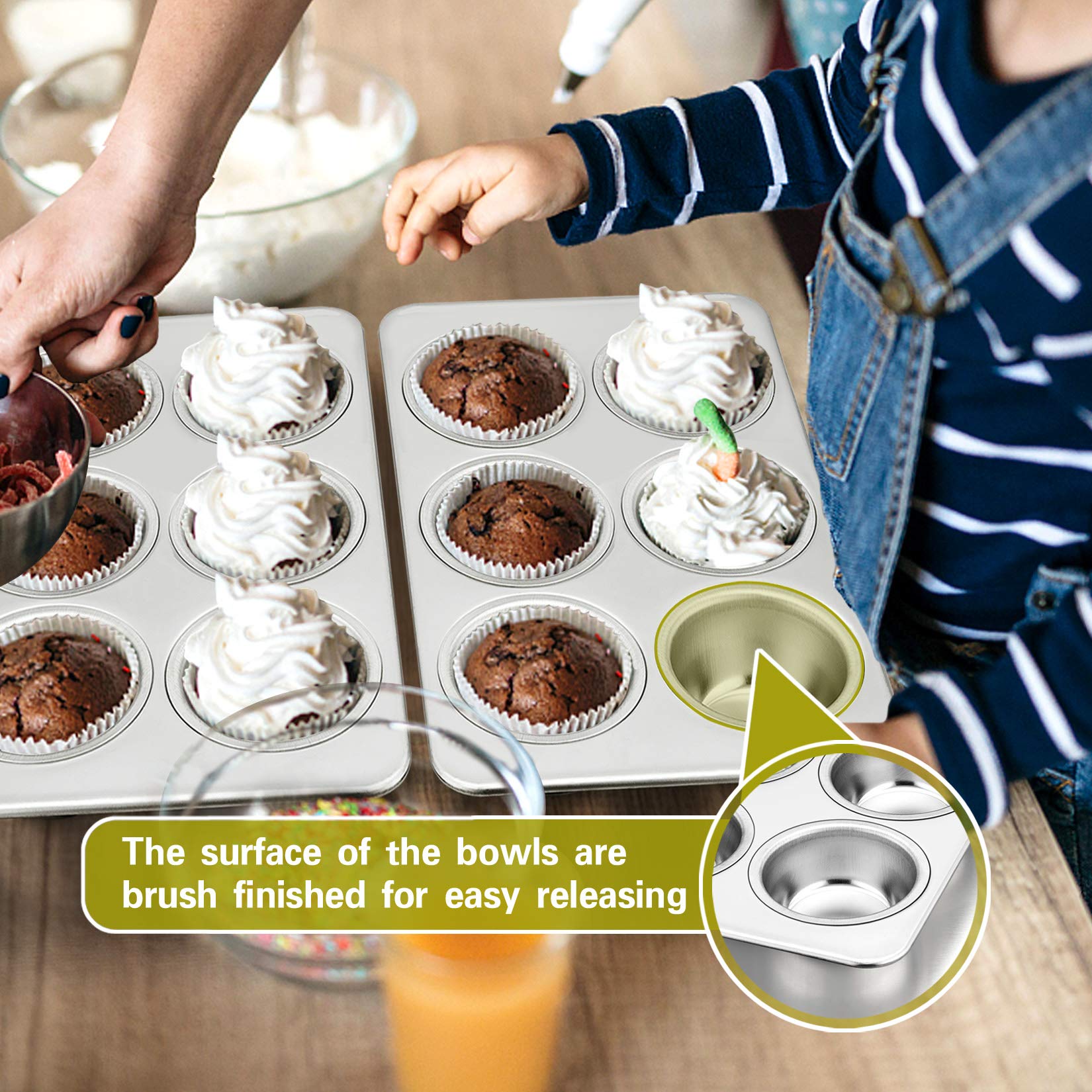 P&P Chef Muffin Pan Cupcake Pans Set Of 2, Stainless Steel Muffin Pans (6-Cups), For Mini Brownie Tart Quiches, Healthy & Durabl