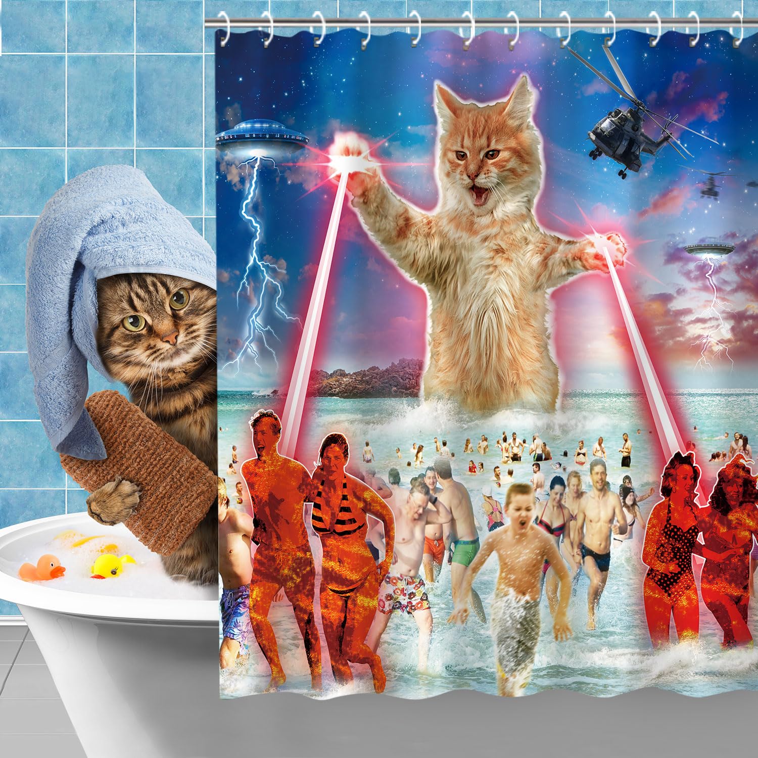 Rosielily Funny Shower Curtain, Kids Shower Curtain, Cat Shower Curtain, Beach Shower Curtains Set With 12 Hooks, Cool Bathroom