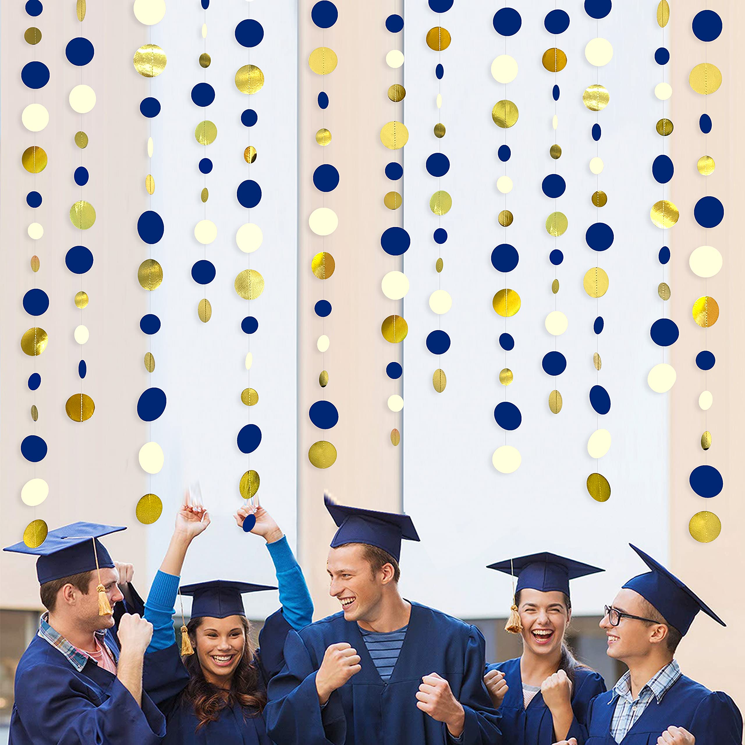 46 Ft Navy Blue And Gold Circle Dots Garland Royal Blue Hanging Paper Polka Dot Streamer For Birthday Wedding Bridal Baby Shower