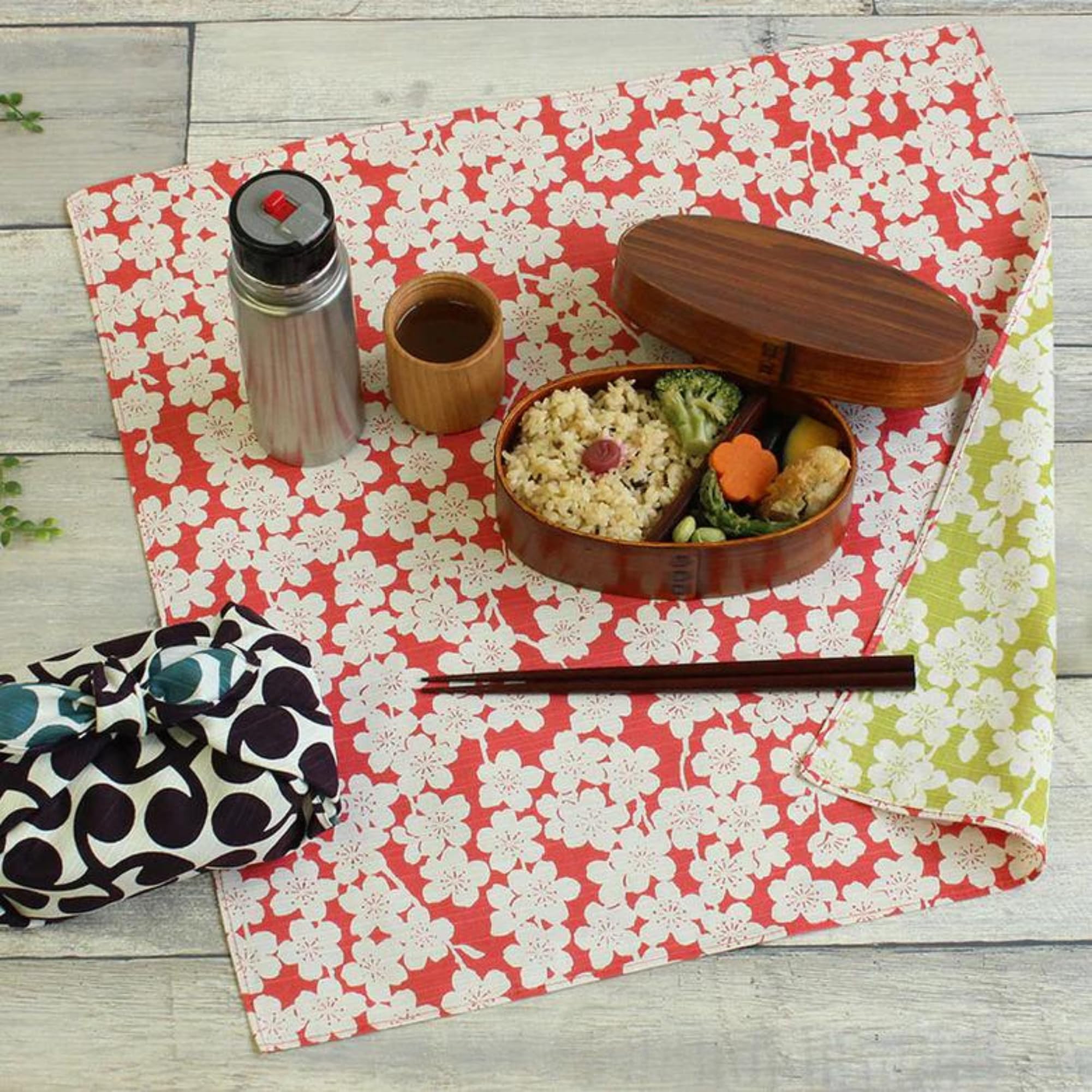 Japanese Reversible Furoshiki - Traditional Wrapping Cloth - 100% Cotton - 18.9 X 18.9 In - Weeping Cherry Tree - Pink And Green