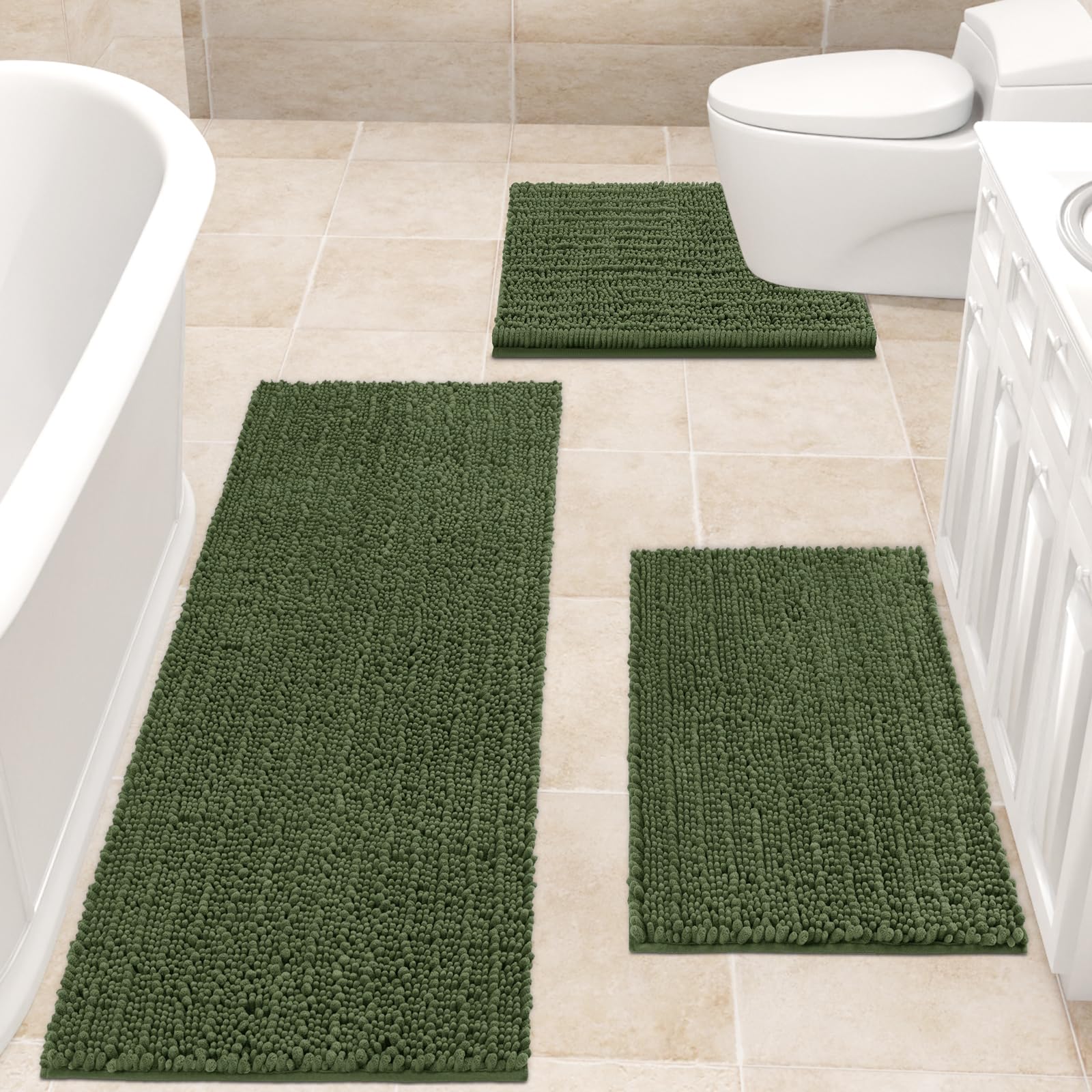 Accumtek Upgrade Extra Large Oliver Green Bathroom Rug Set 3 Pieces Ultra Soft, Thick Absorbent Bath Mats, Non Slip Chenille Toi