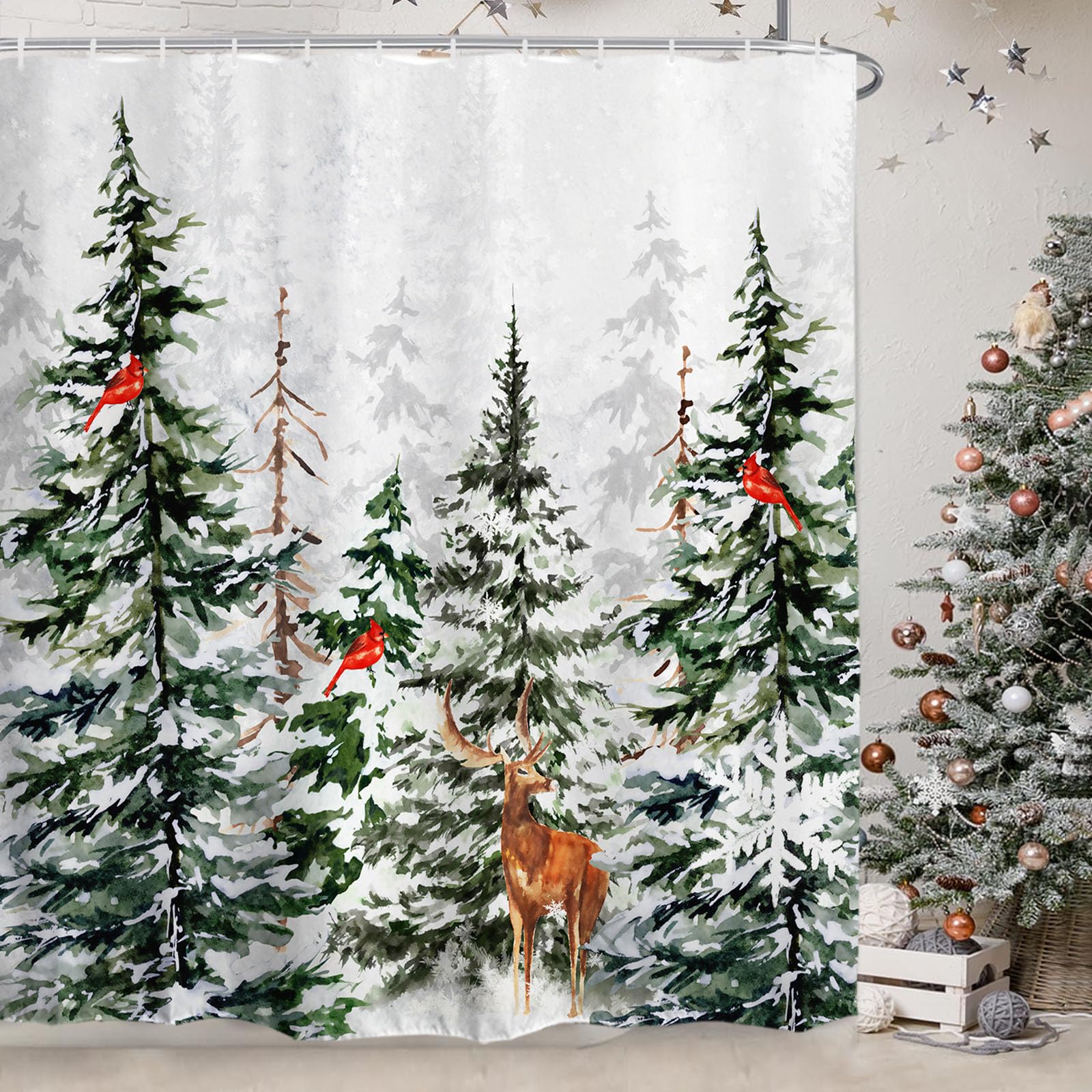 Baccessor Winter Christmas Snowy Forest Shower Curtain Pine Tree Cardinal Deer Snowflake Shower Curtain 72X72 Inch Xmas Holiday
