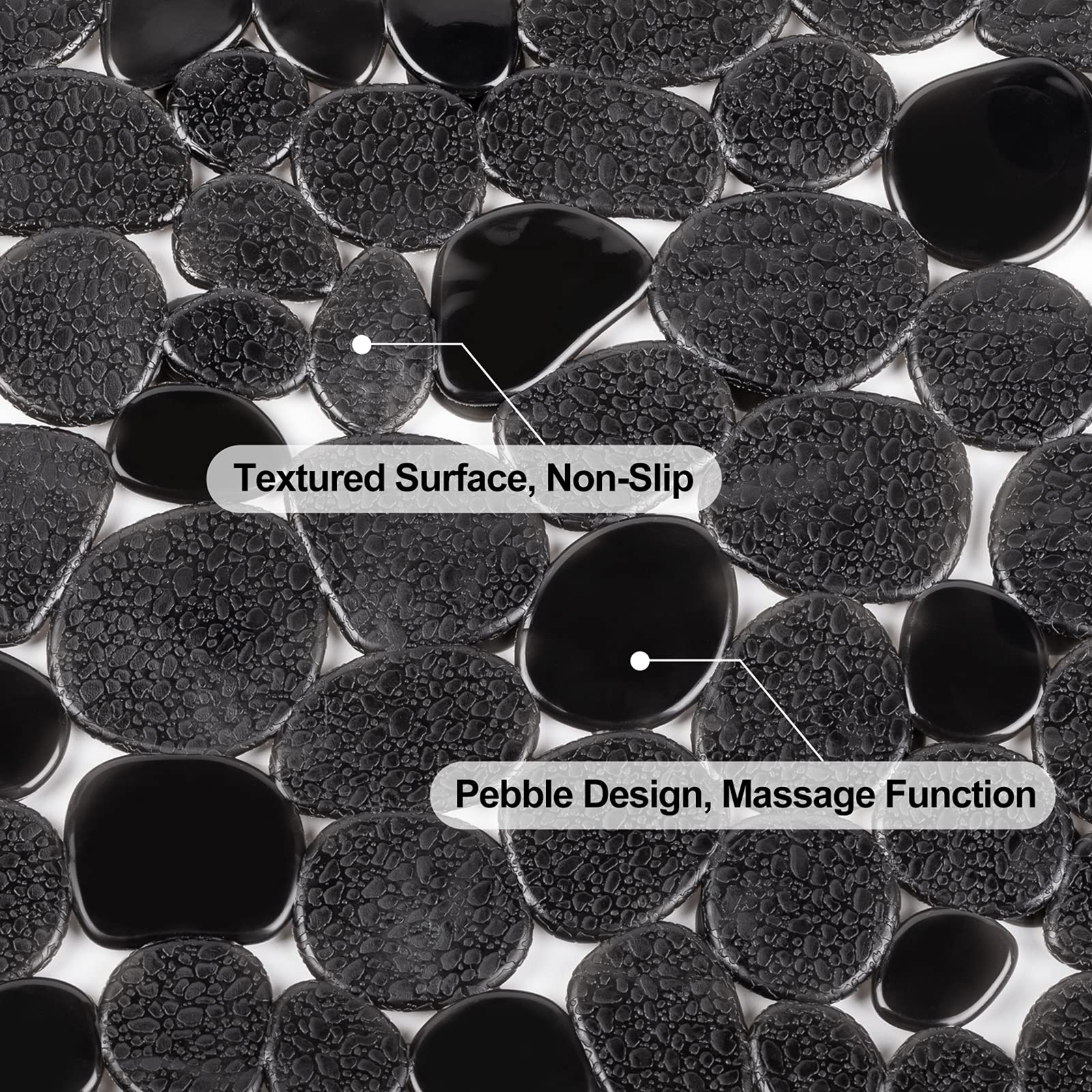 Weltrxe Pebbles Bath Mat For Tub Black Non-Slip Bathtub Mat With Suction Cups, Drain Holes For Bathroom Showers, Tub, Machine Wa