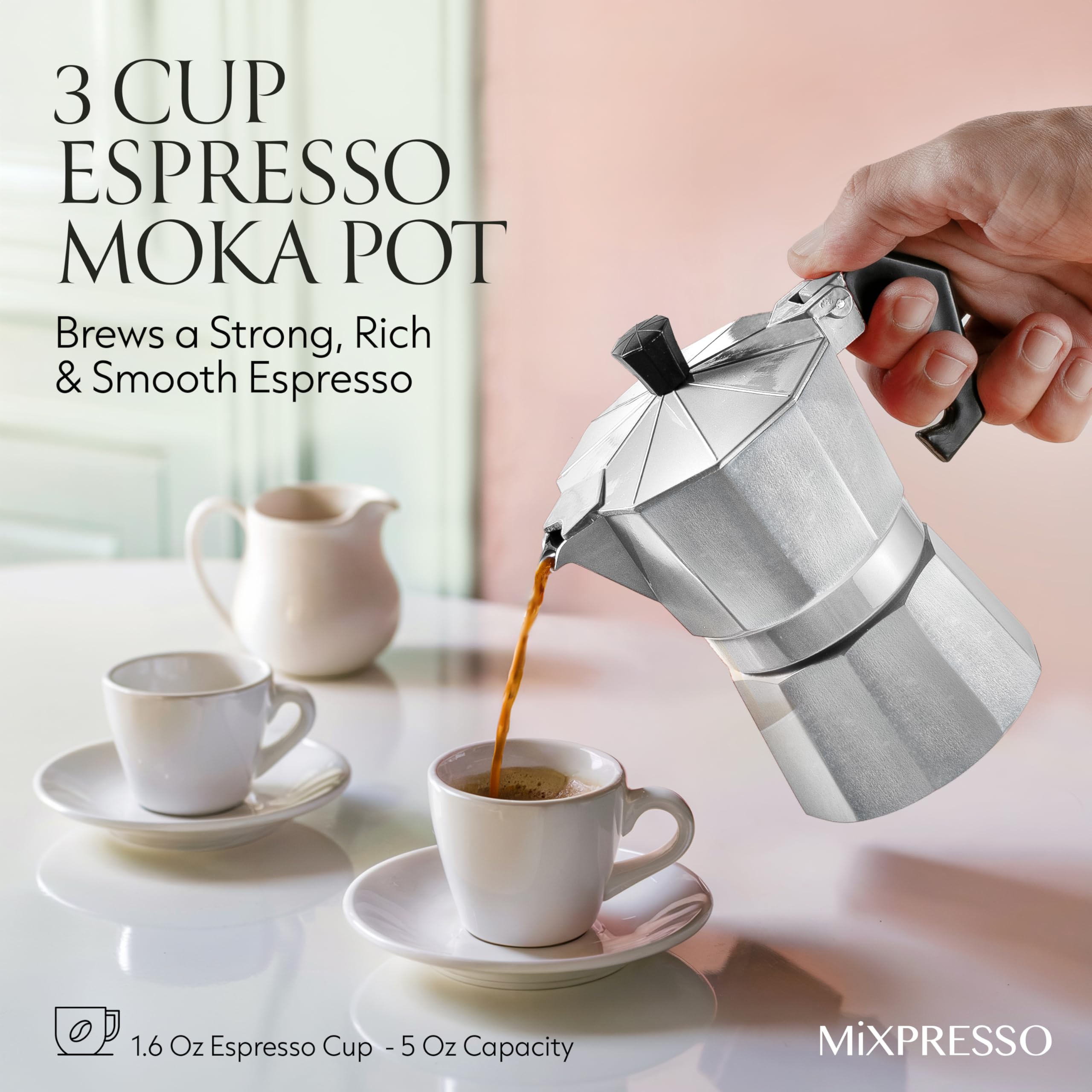 Mixpresso 3 Cup Moka Pot Espresso Cuban Coffee Maker, Moka Pot Coffee Maker For Gas, Electric Stove Top, Classic Italian Coffee