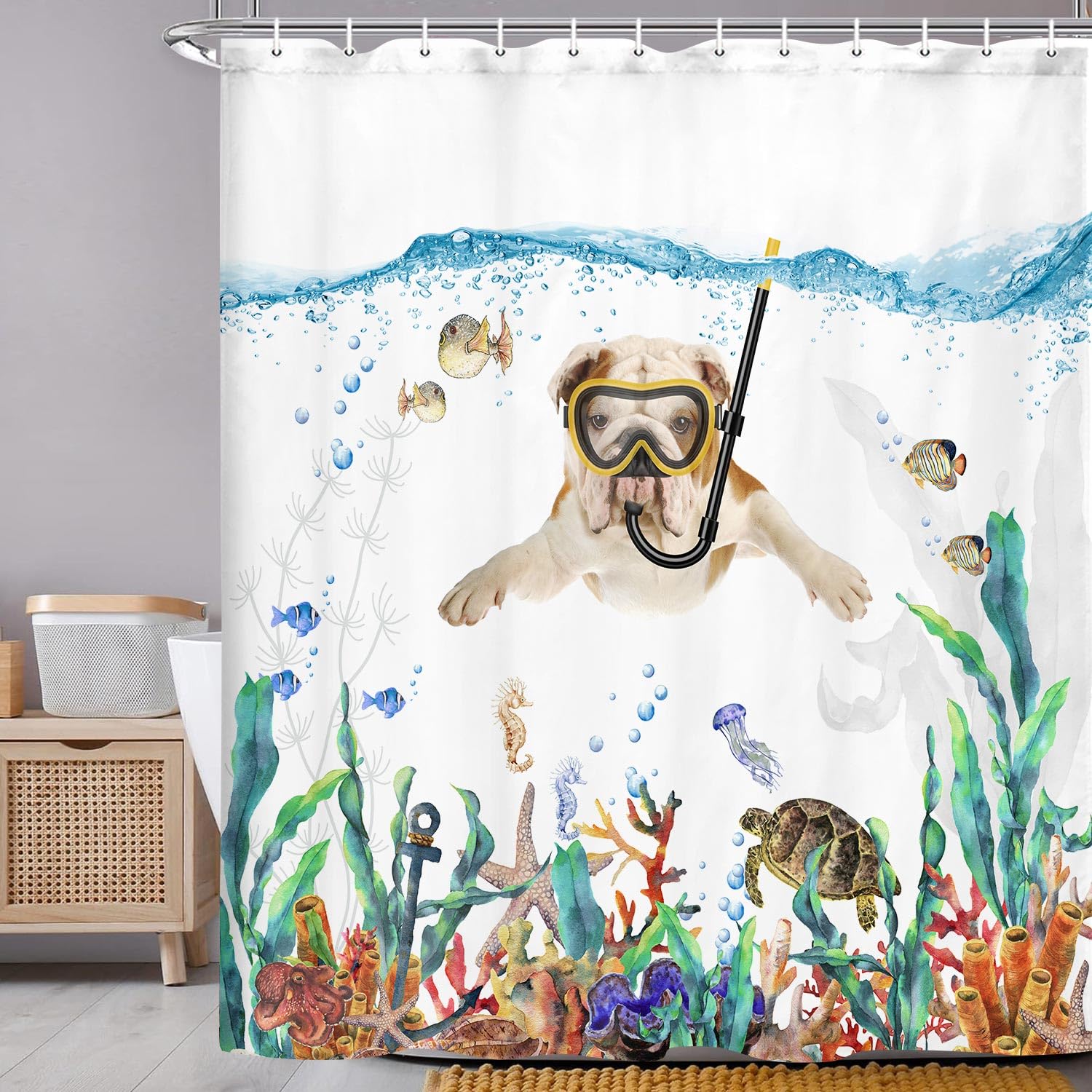 Funny Bulldog Dog Fabric Shower Curtain, Tropical Fish Coral Octopus Starfish Turtle Anchor Nautical Shower Curtain For Bathroom