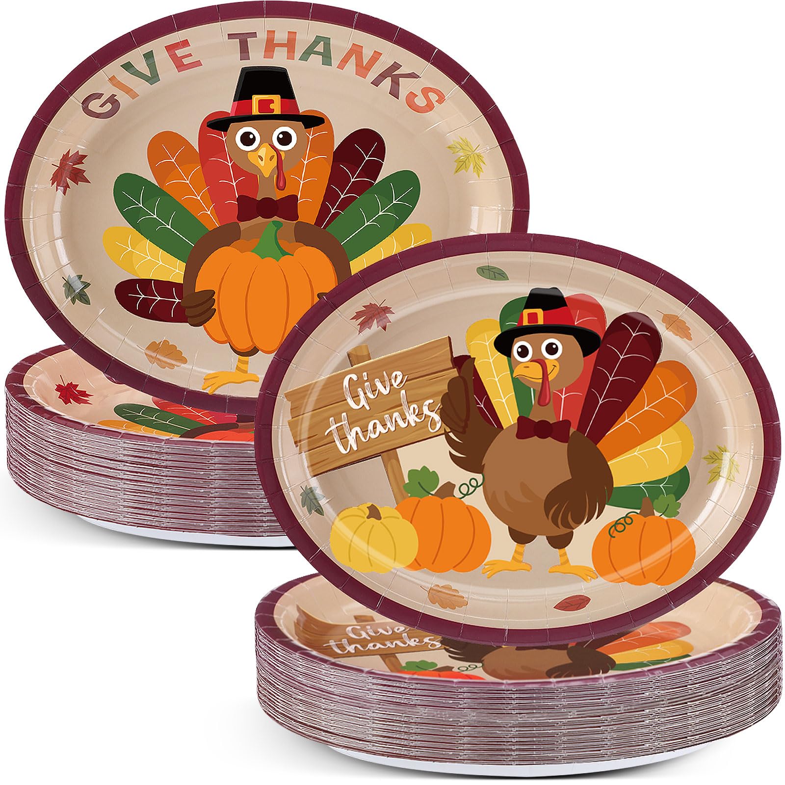 Pajean 100 Pcs Thanksgiving Paper Plates Bulk Fall Oval Dinner Plates 9 x 11 Large Turkey Autumn Leaves Pumpkin Disposable Table