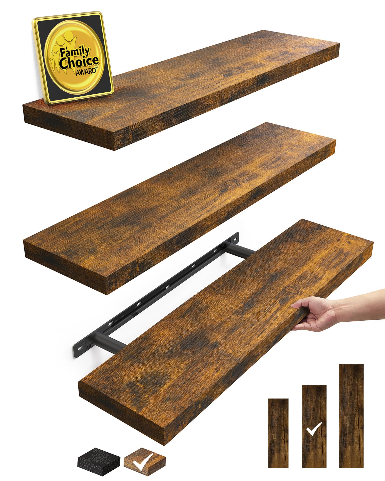 BAYKA Floating Shelves for Wall, 22.5 Inch Rustic Wood Wall Mounted Shelving for Bathroom, Bedroom, Living Room, Kitchen & Book,