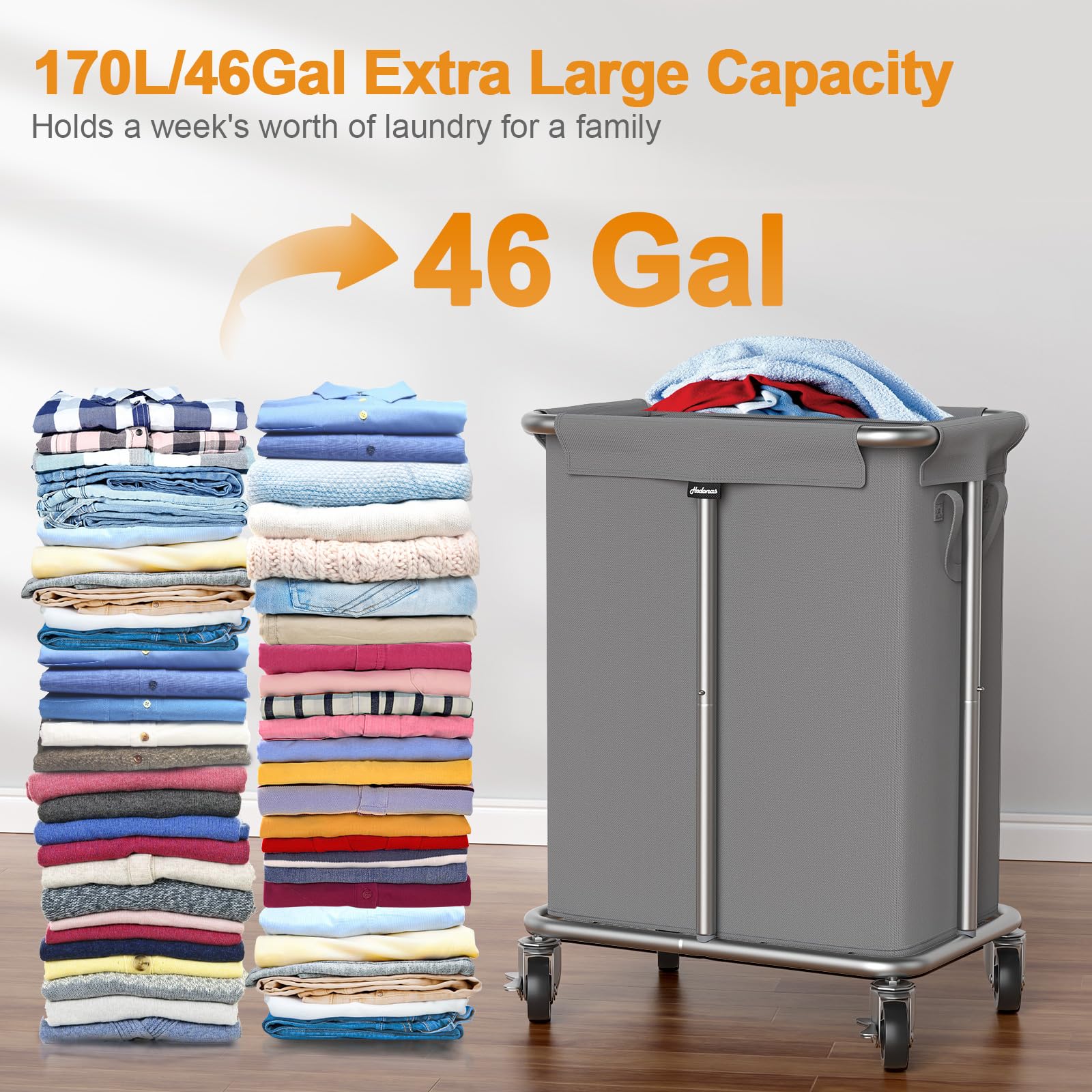 Hodonas Laundry Basket With Wheels, Rolling Laundry Hamper, 46 Gallons (170L), Removable And Machine Washable Liner, Steel Frame