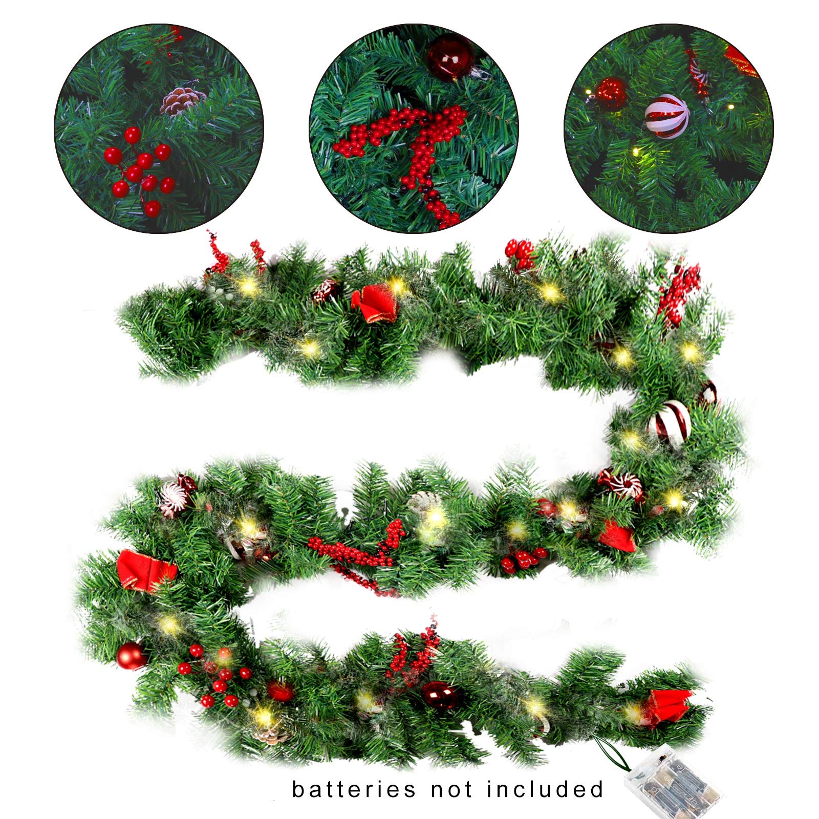 MorTime 9 FT LED Christmas Garland with Pinecones Red Berries Bows Christmas Balls Candies, Multi-Function Christmas Garland wit