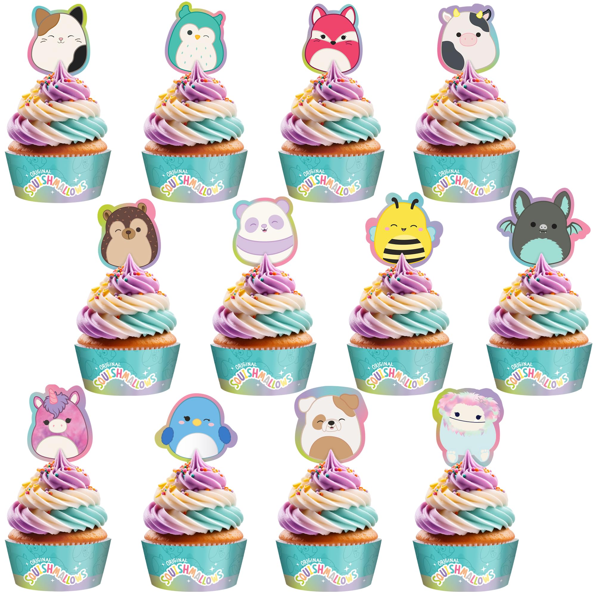 Treasures Gifted Officially Licensed Squishmallows Party Supplies - 24 Cupcake Toppers & Wrappers - Squishmallows Birthday Decor