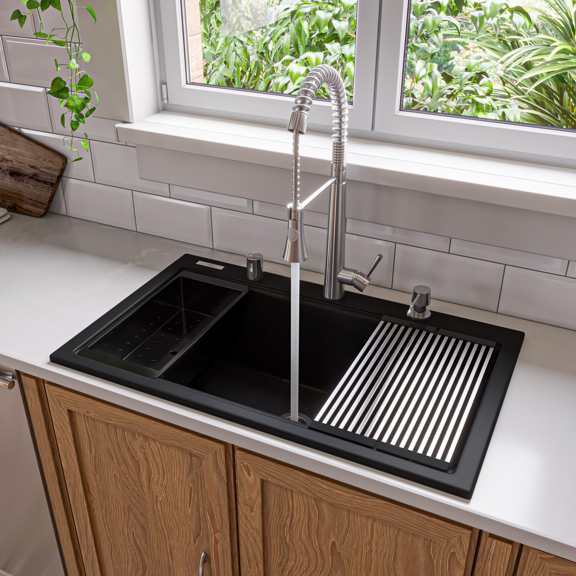 Alfi Brand Ab3418Sbdi-Bla Black 33'' Granite Composite Workstation Step Rim Single Bowl Drop In Sink With Accessories