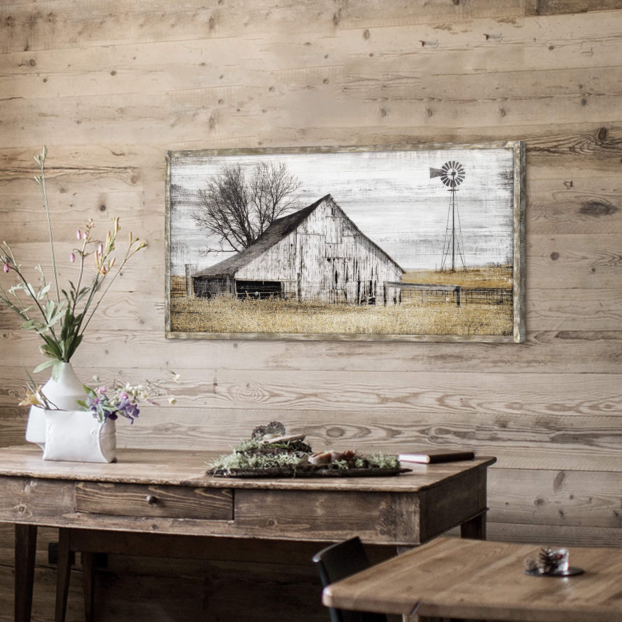 Farmhouse Framed Wall Art Picture: Rustic Barn Farm Wood Artwork Decor Large Country Landscape Windmill Print Horizontal Panoram