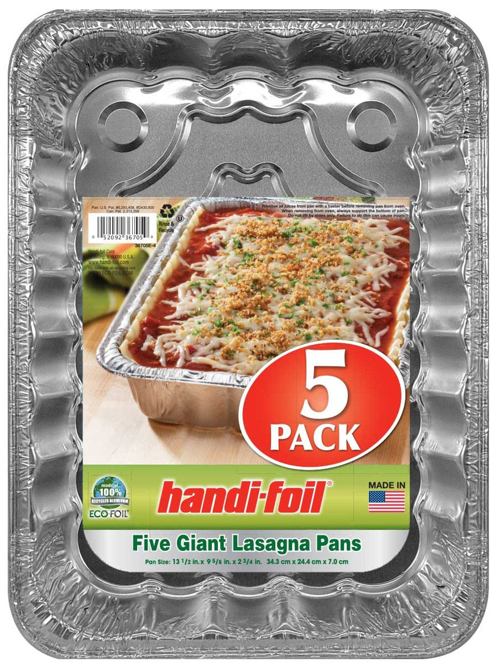 HandiFoil 367055 Giant Lasagna Pans, 2.75 Height, 9.63 Width, 13.5 Length, 5 Count