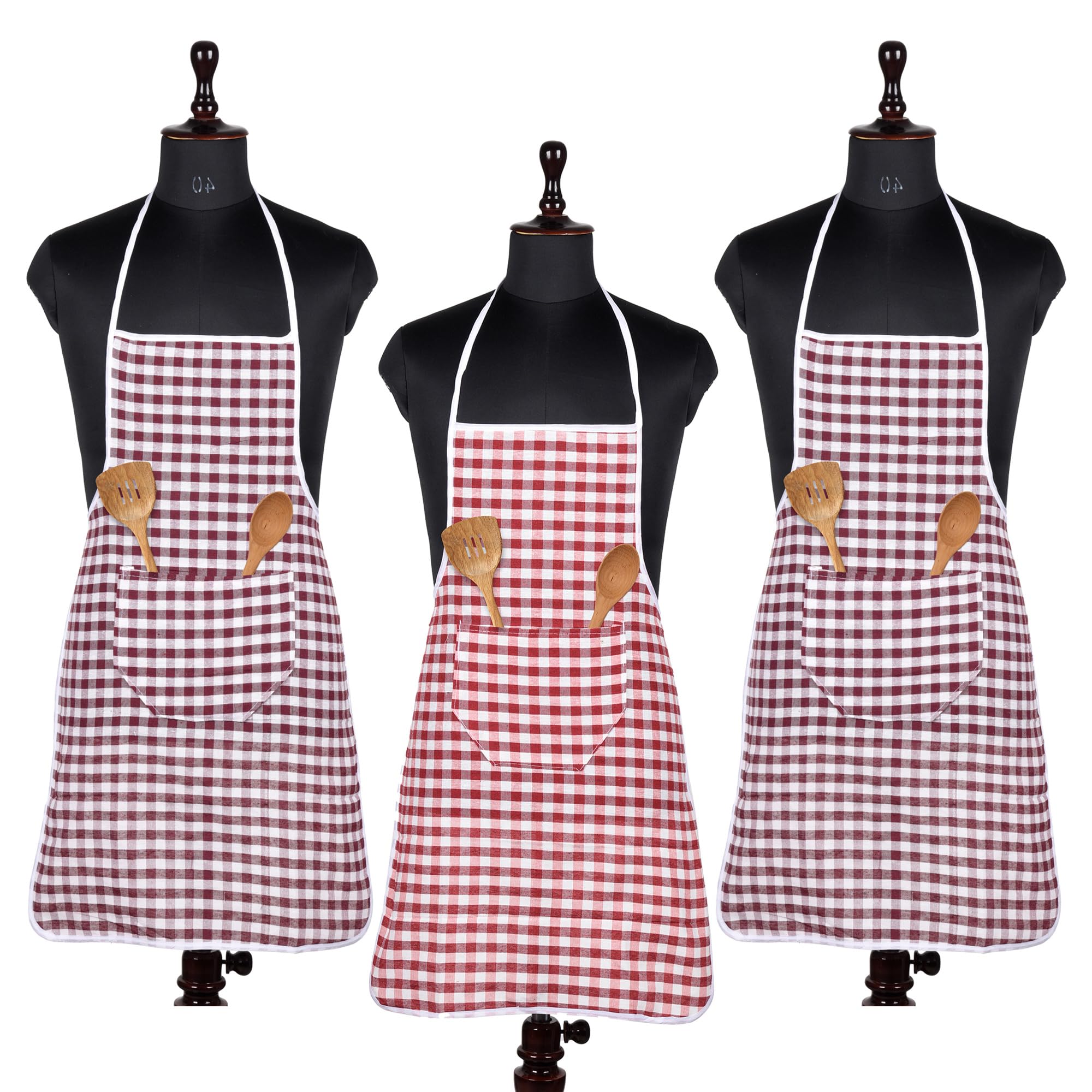 Kuber Industries Apron | Cotton Front Pocket Kitchen Apron | Check New Apron For Restaurent | Chef Apron For Kitchen | Pack Of 3