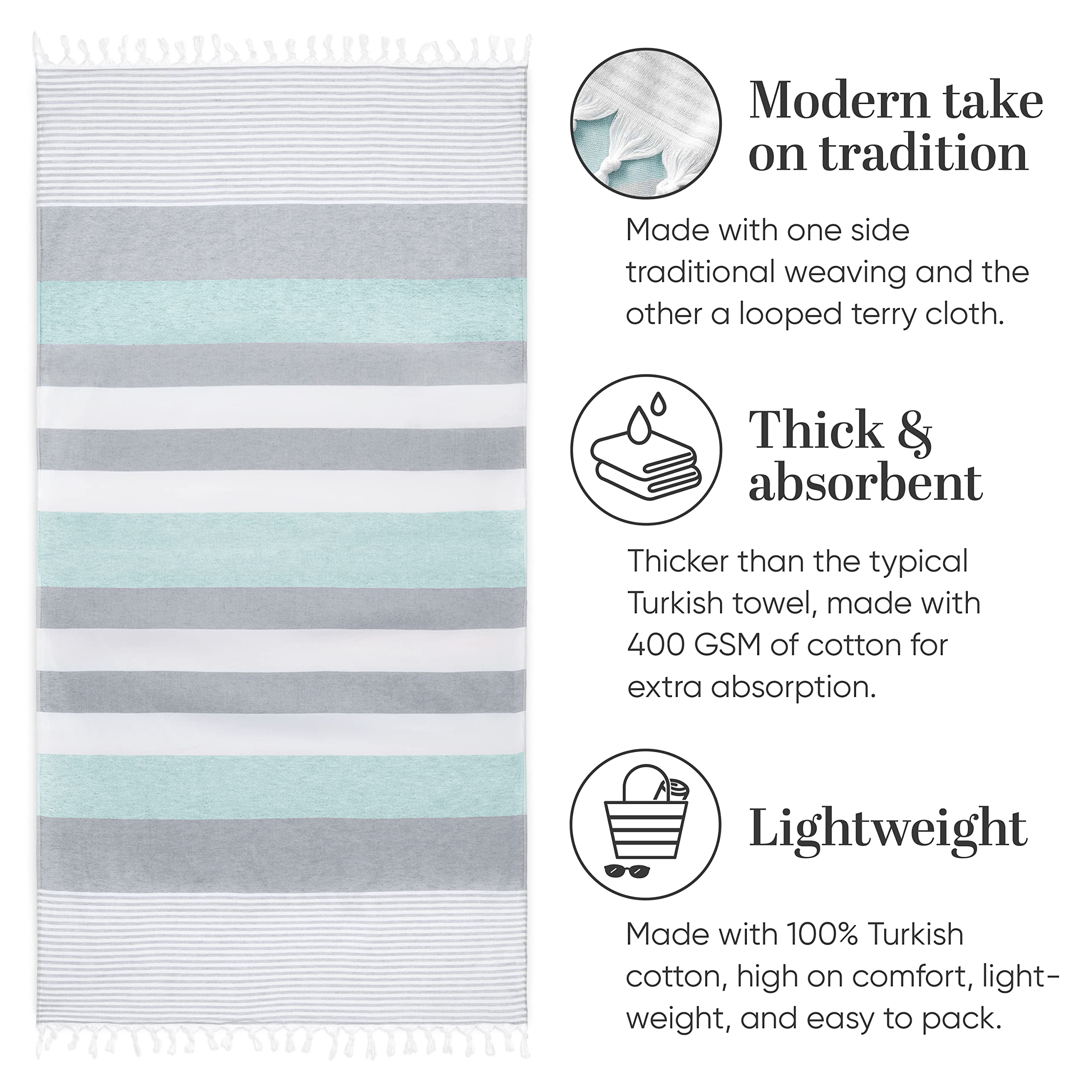 Laguna Beach Textile Co. Soft Turkish Fouta Beach Towel - Teal Blue & Gray, 400 Gsm