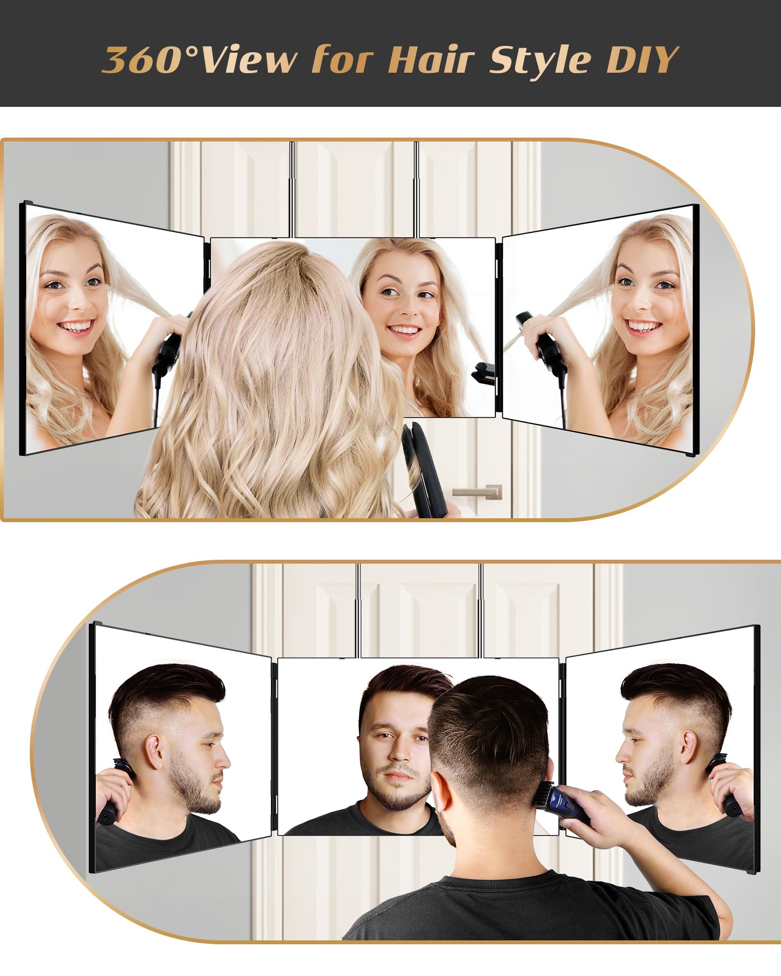 Jusron 3 Way Mirror For Hair Cutting, 360 Mirror With Height Adjustable Hooks For Door, Bathroom, Portable Trifold Shaving Barbe
