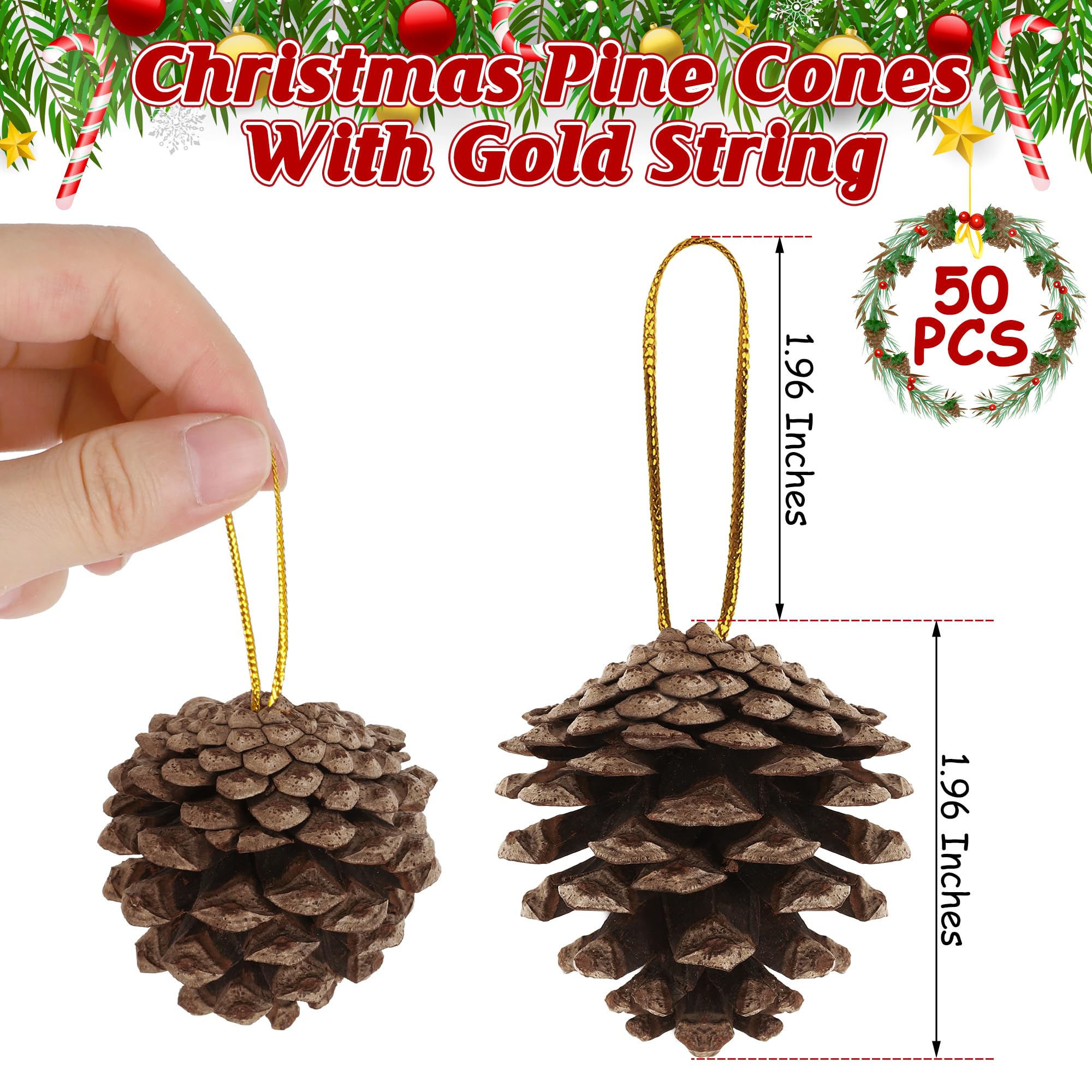 50 Pack Pine Cones, 1.96 Inches Natural Pinecone Ornaments, Pine Cones for Crafts, Rustic Pinecones with Gold String for DIY Win