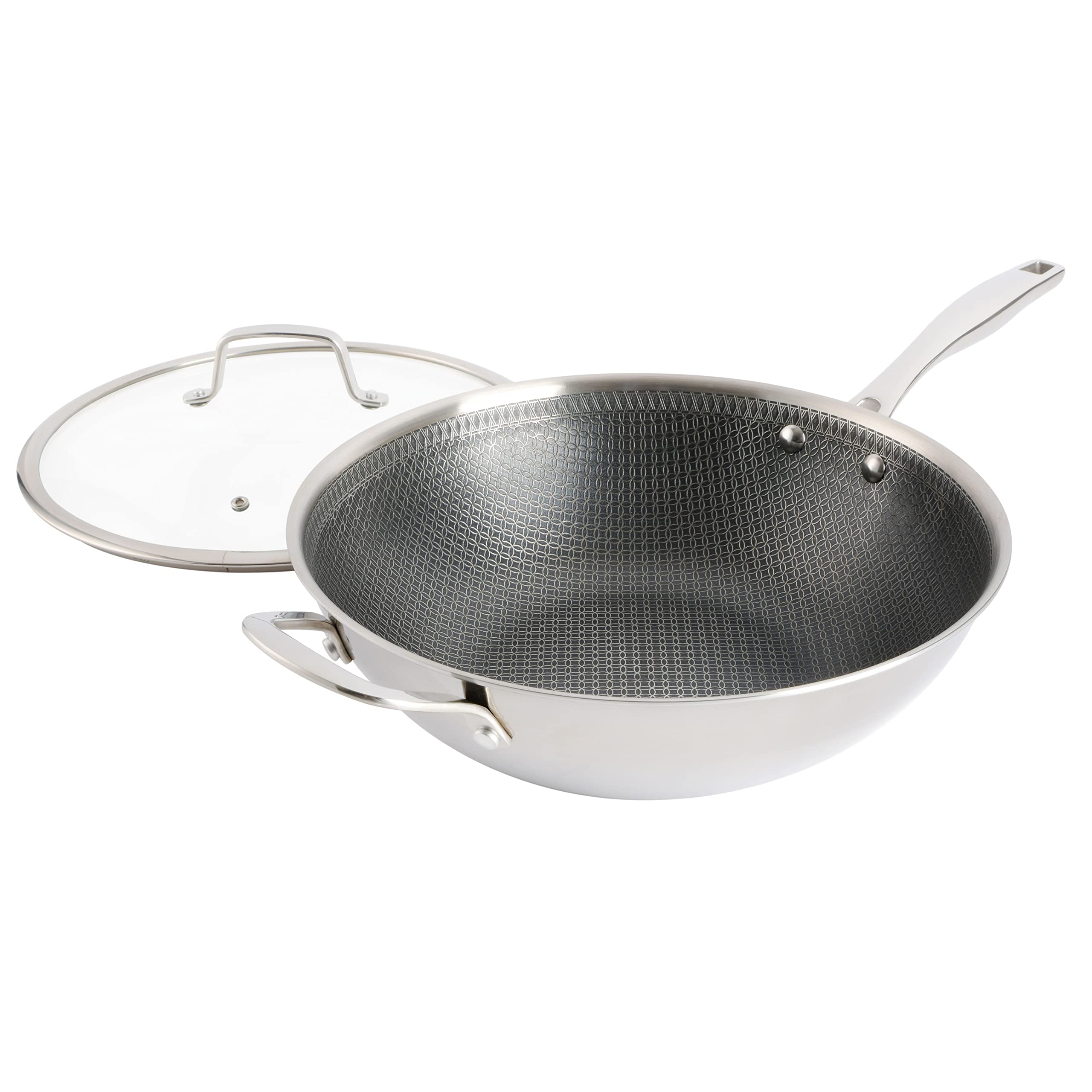 Kenmore Elite Luke Hybrid 12'' Tri-Ply Stainless Steel Pfoa Free Nonstick Wok Pan W/Lid, Metal Utensil Safe