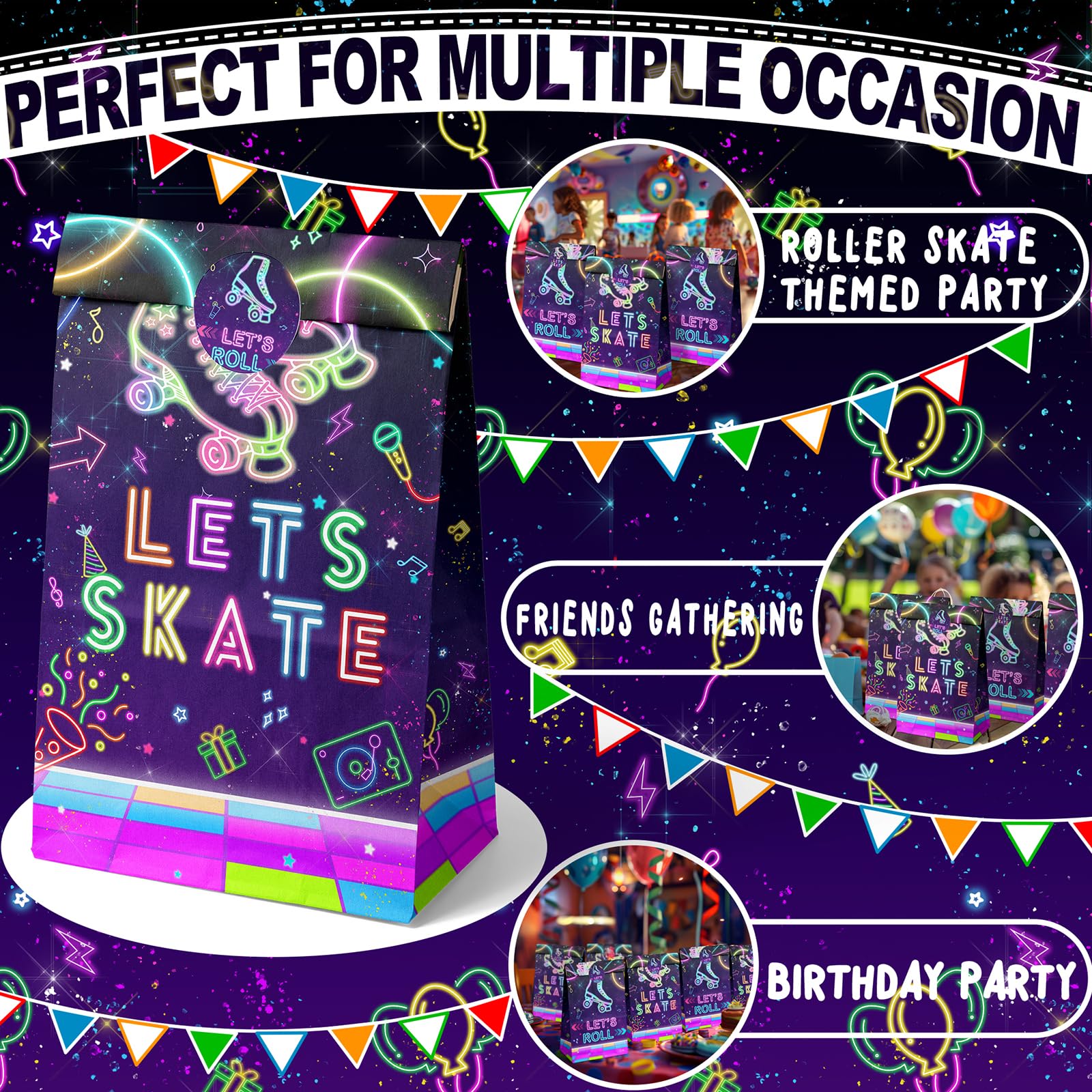 Outego 24 Roller Skating Goodie Bags Glow Party Birthday Bags, Skate Favor Bags, Glow Roller Skating Party, Neon Party Supplies