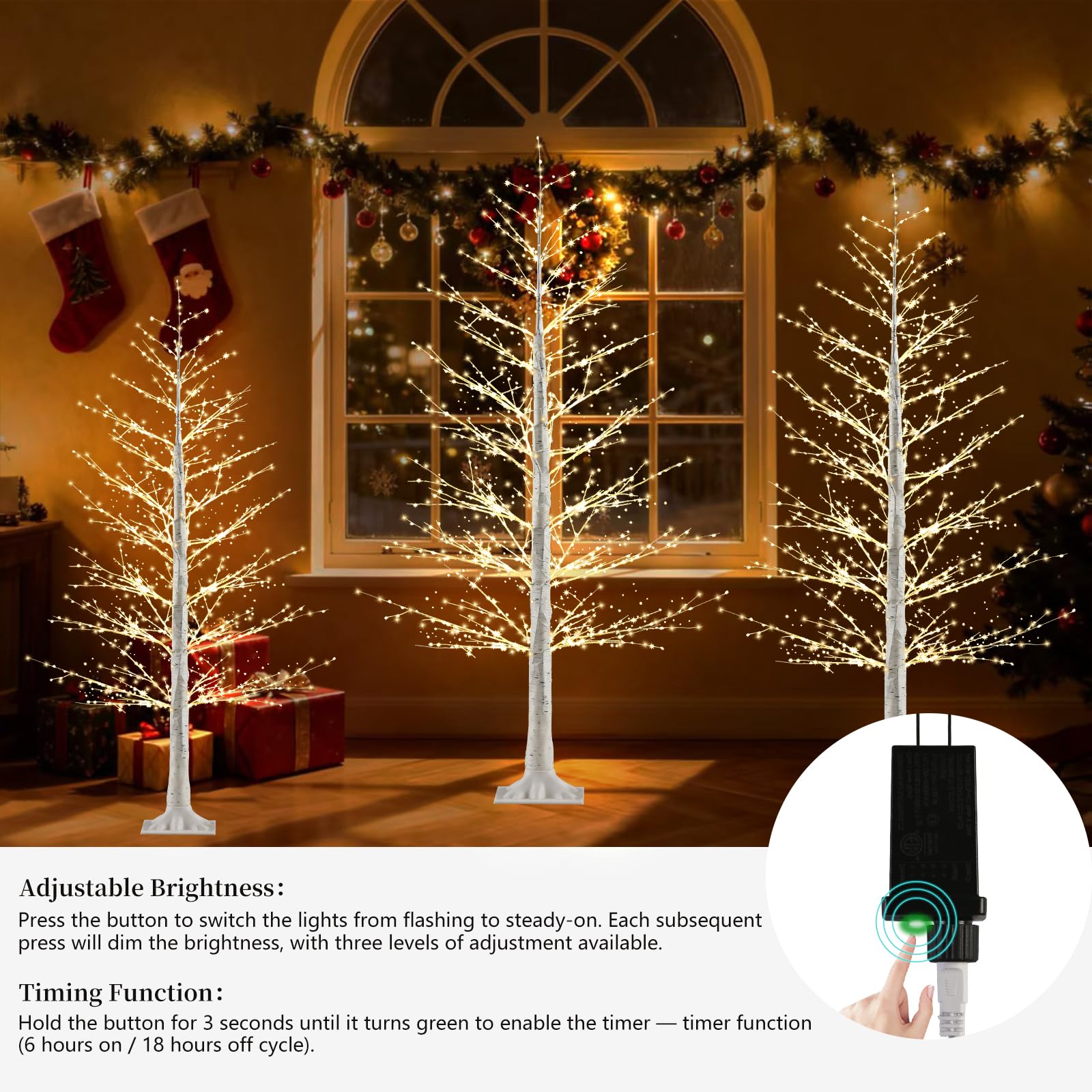5FT Lighted Birch Tree with 800 Warm White LEDs, Prelit Christmas Tree with Twinkle Lights, LED Birch Tree with Timer & Brightne