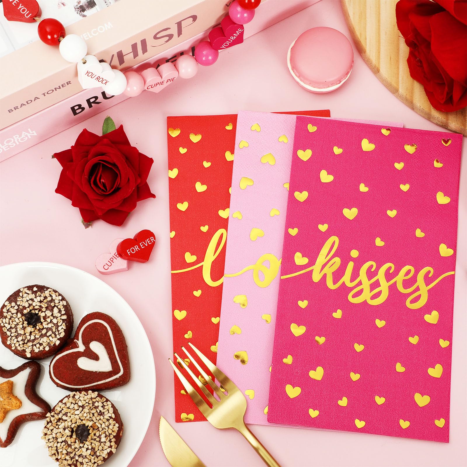 Whaline 75Pcs Valentine'S Day Guest Paper Napkins Red Pink Gold Foil 3 Ply Disposable Napkins Love Xoxo Kisses Dinner Hand Towel