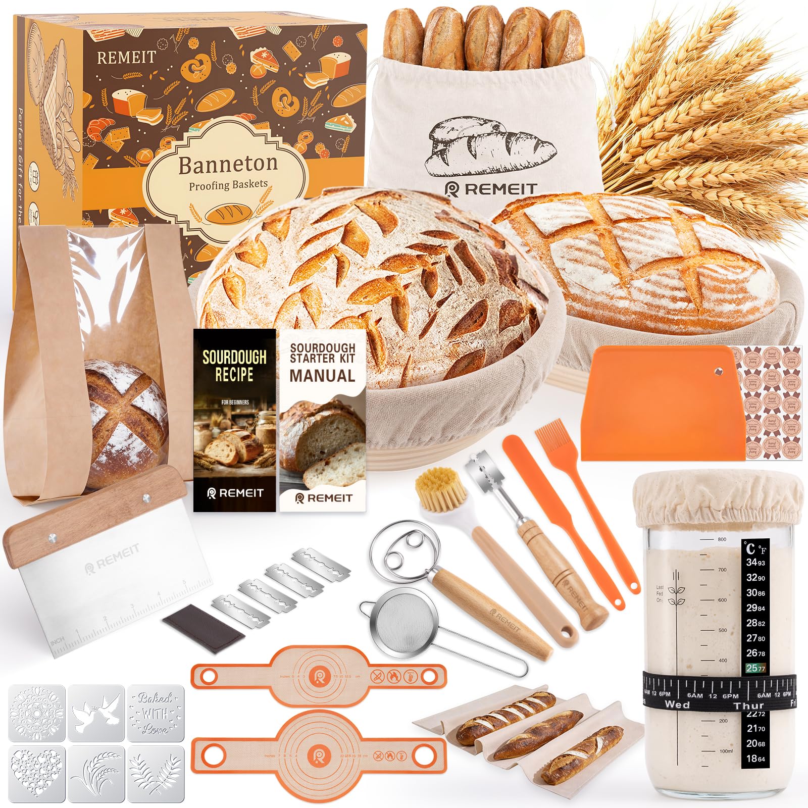 REMEIT Sourdough Starter Kit with Banneton Bread Proofing Basket Set, 9 Round & 10 Oval Proofing Basket, Sourdough Bread Bakin