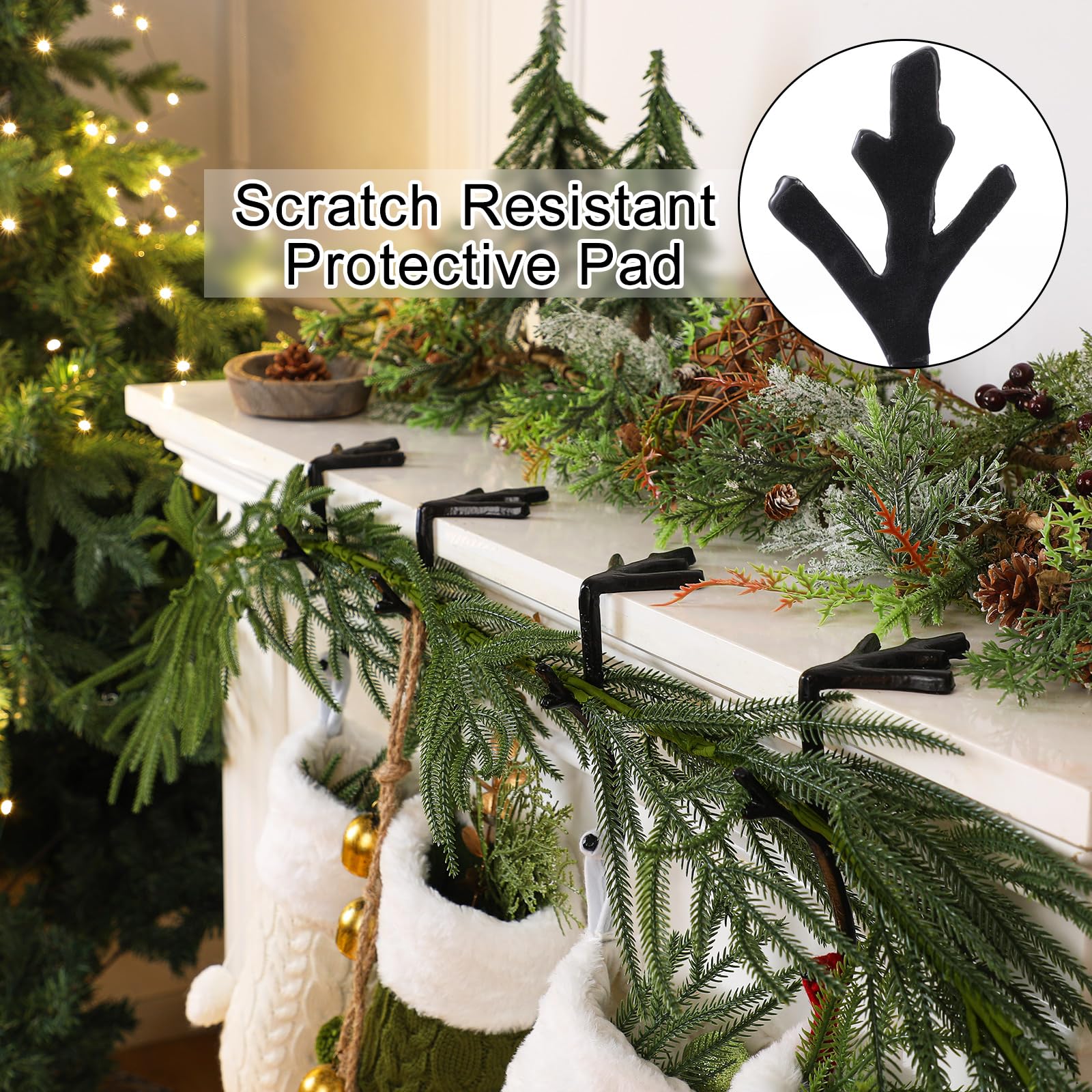 Vicenpal 4 Pcs Fireplace Stocking Garland Hanger for Mantel 2 in 1 Christmas Stocking Holder Two Hooks Durable Wrought Iron Meta