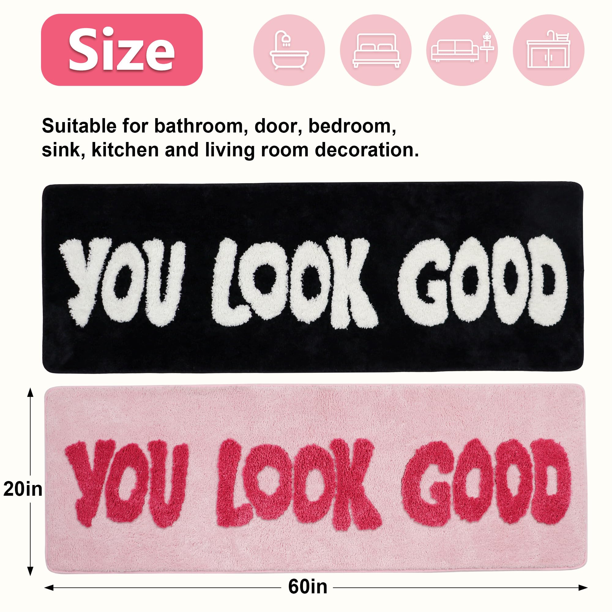 Oturgor You Look Good Bathroom Rug, Hot Pink, 20''X60'' Soft Plush, Super Water Absorbent, Non-Slip Backing, Easy Cleaning, Vibr