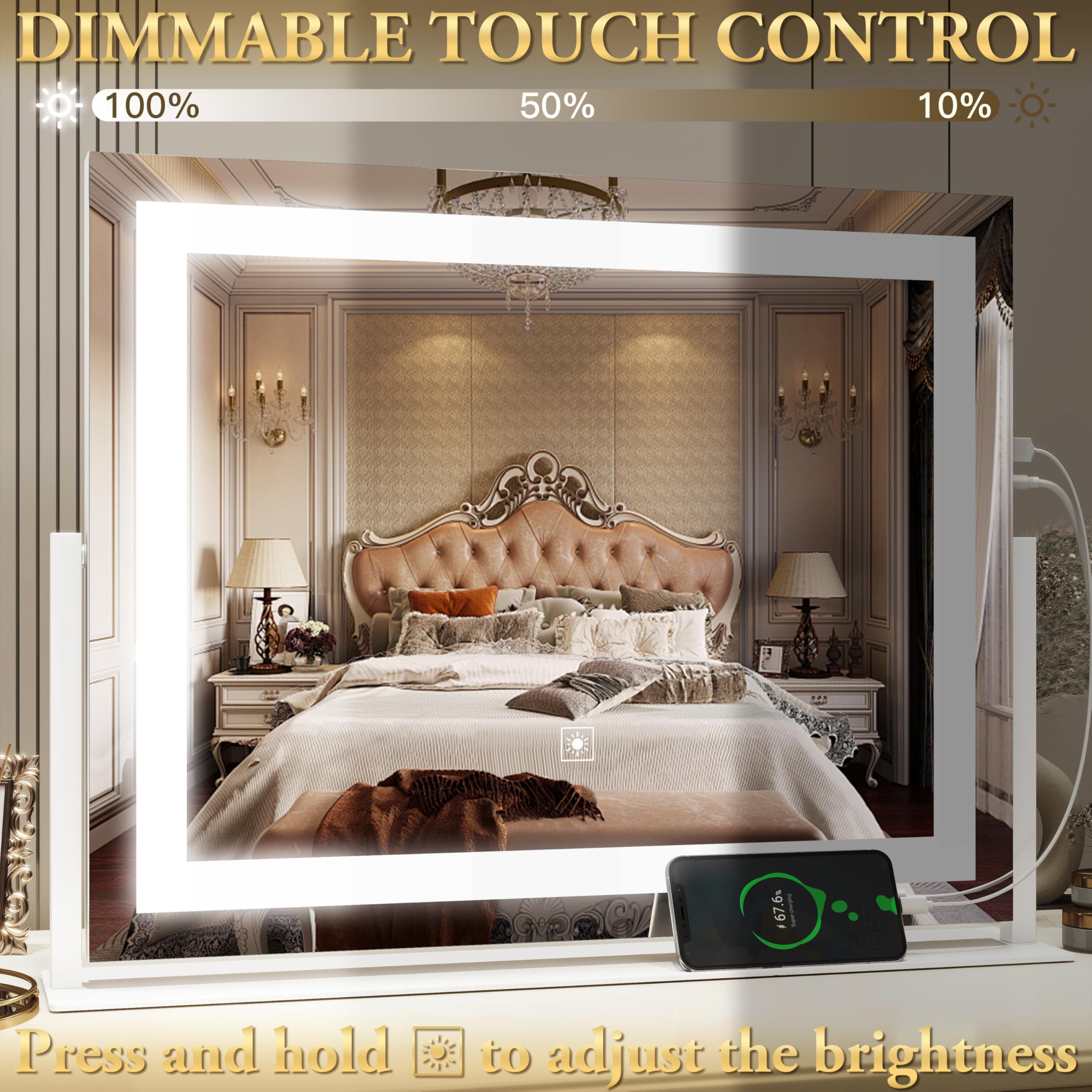 Fennio Vanity Mirror With Lights 22''X18'' Makeup Mirror With Lights,Lighted Makeup Mirror With 10X Magnification And Usb,Smart
