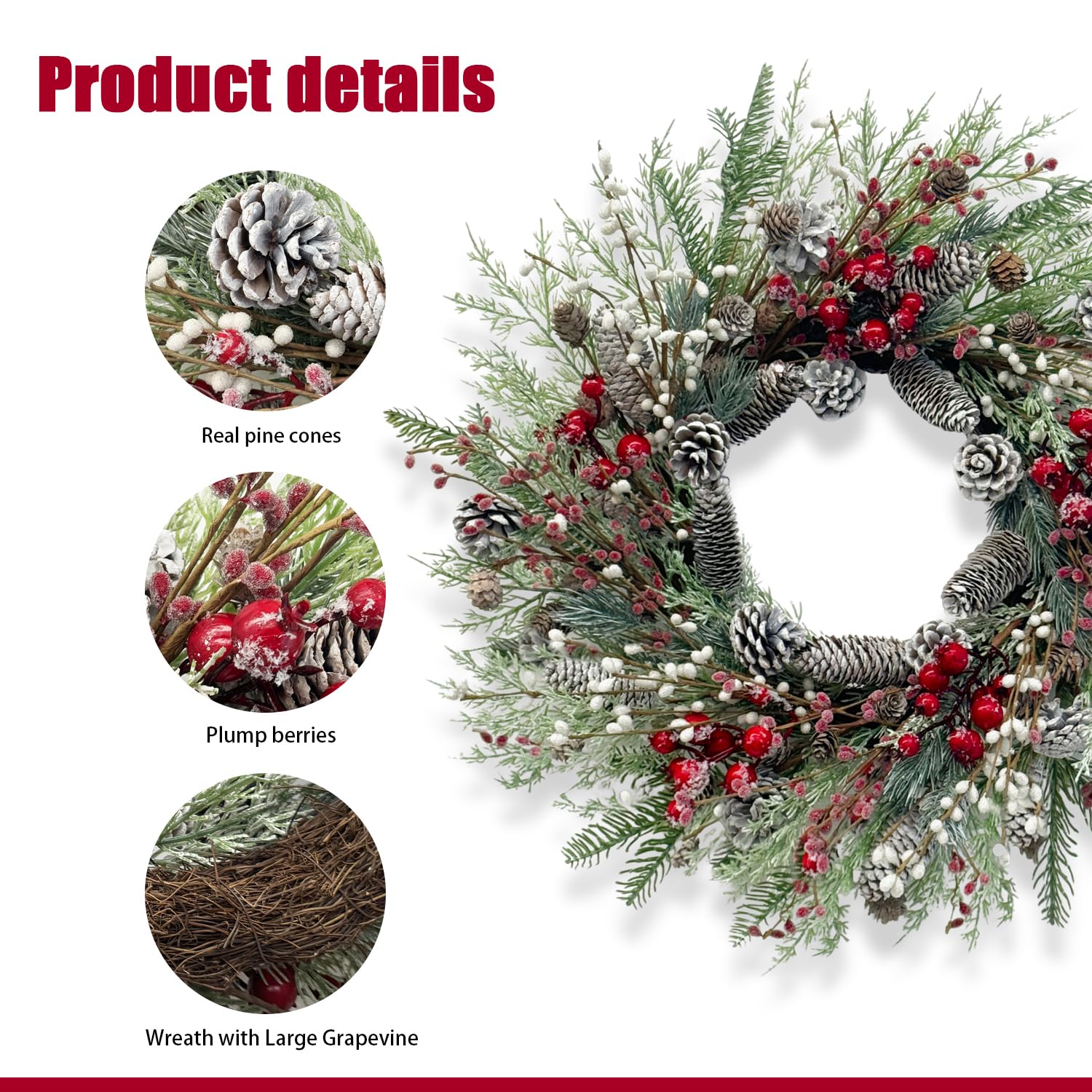 Christmas Wreath for Front Door, 24 inch Winter Wreaths with Natural Pine Cones, Red Berries,Spruce Branches,Xmas Indoor Outdoor