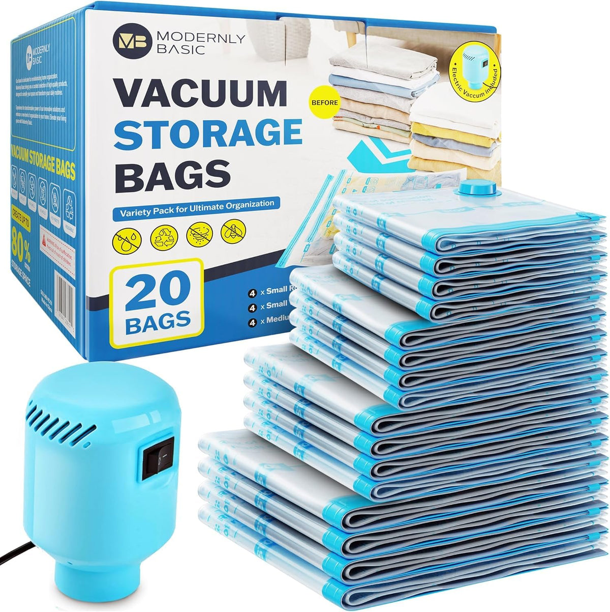 20 Pack Vacuum Storage Bags With Electric Pump, (4 Jumbo/4 Large/ 4 Medium/ 4 Small/ 4 Roll) Vacuum Sealed Bags For Clothing, Co