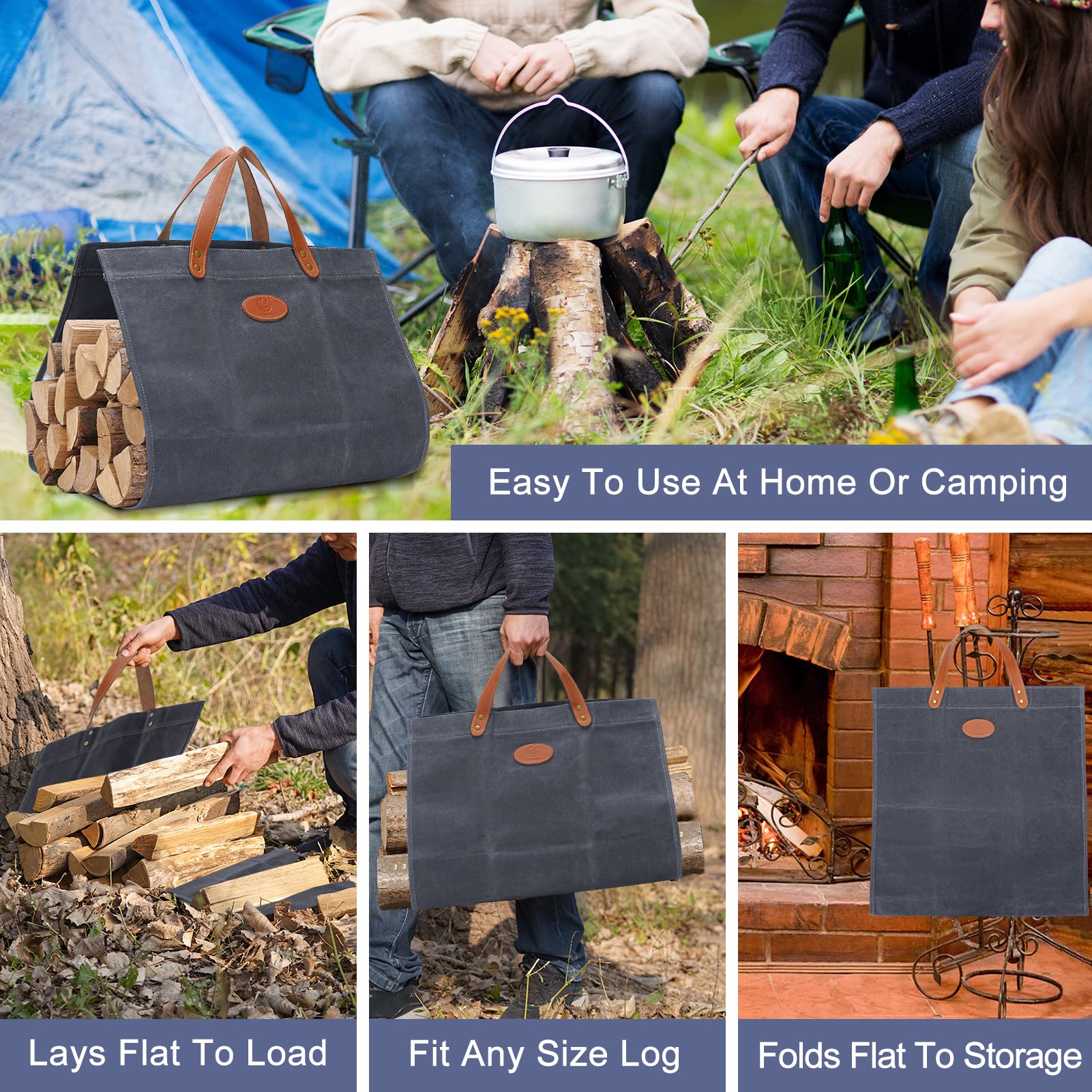 G Good Gain Firewood Carrier Waxed Canvas With Leather Handles, Wood Carrier For Firewood, 36X18.5 In Heavy Duty Firewood Storag