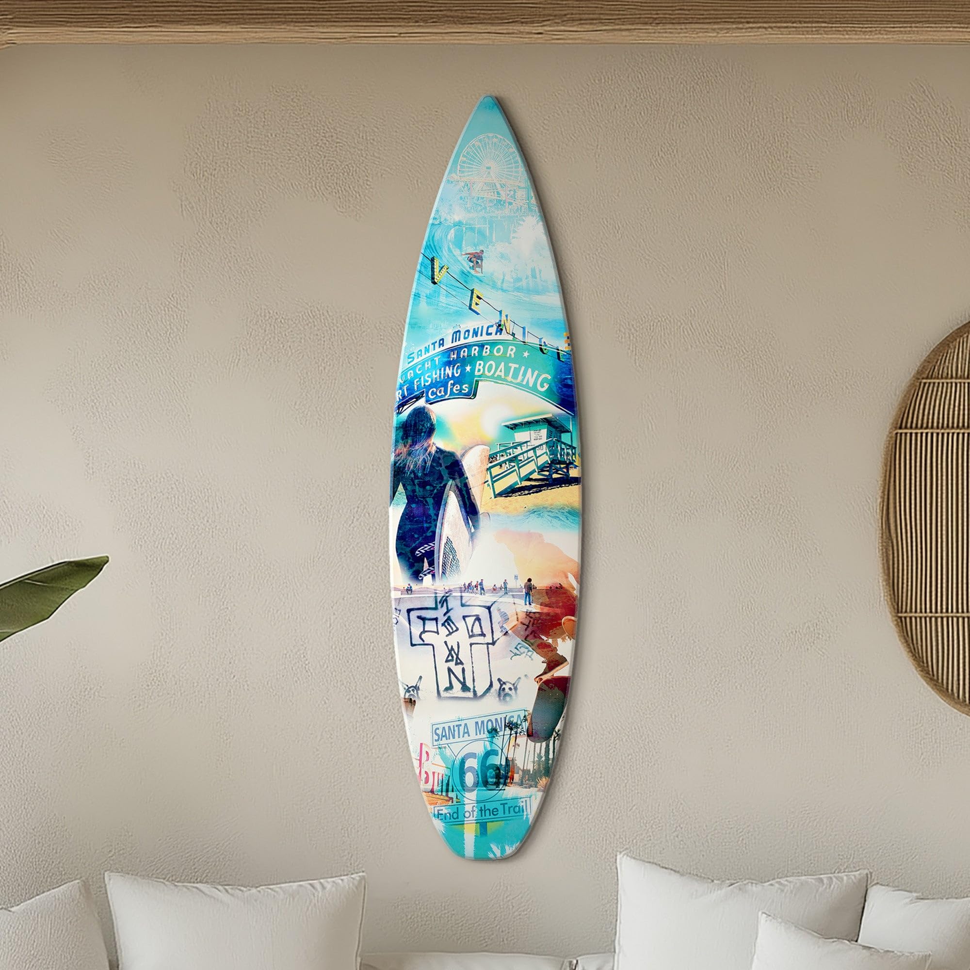 American Art Decor Dogtown Collage Surfboard Plaque Wall Sign - 60x15