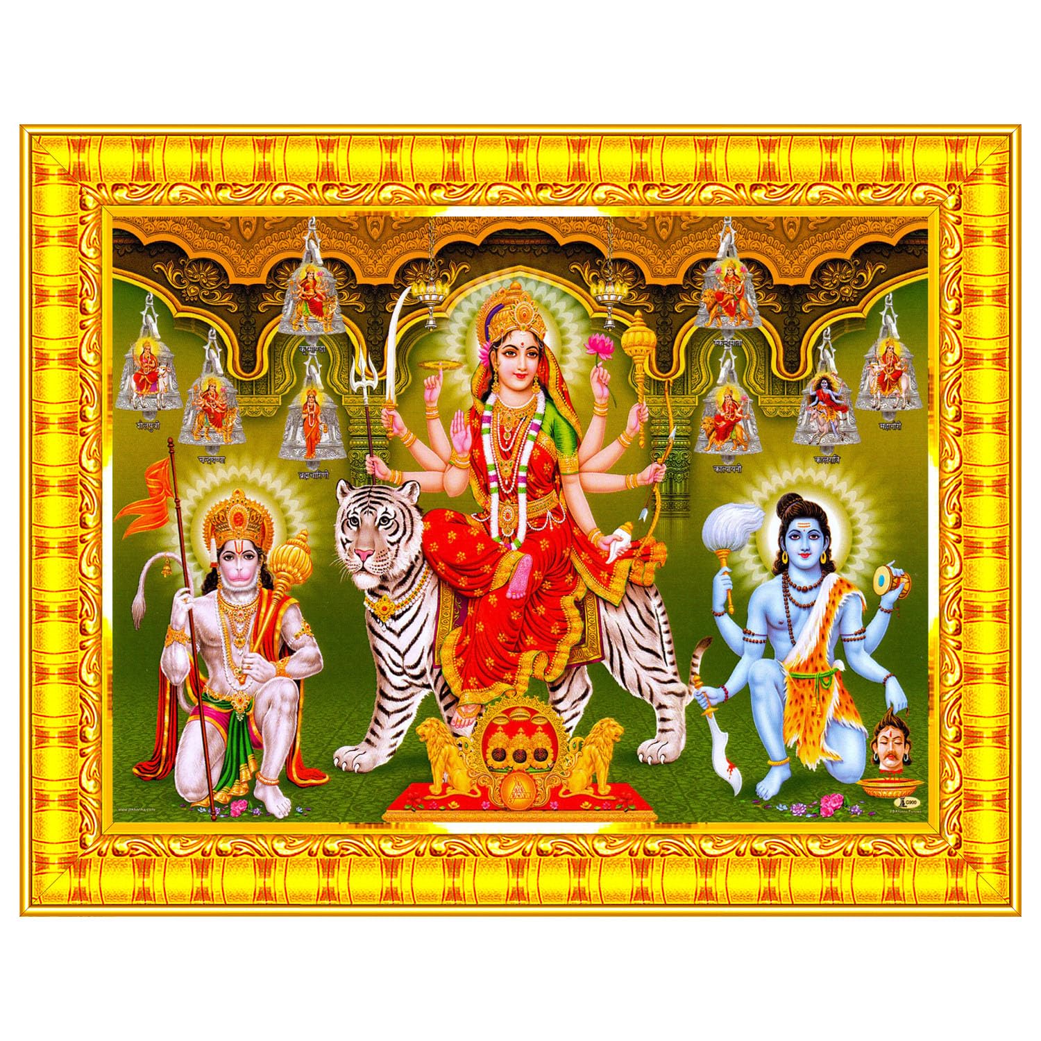 Pavan Photo Laminations Nav Durga Nava Navdurga Hanuman Kaal Bhairav Wall Painting Framed Home Decor (Wood,Matte,Gold,Small Size