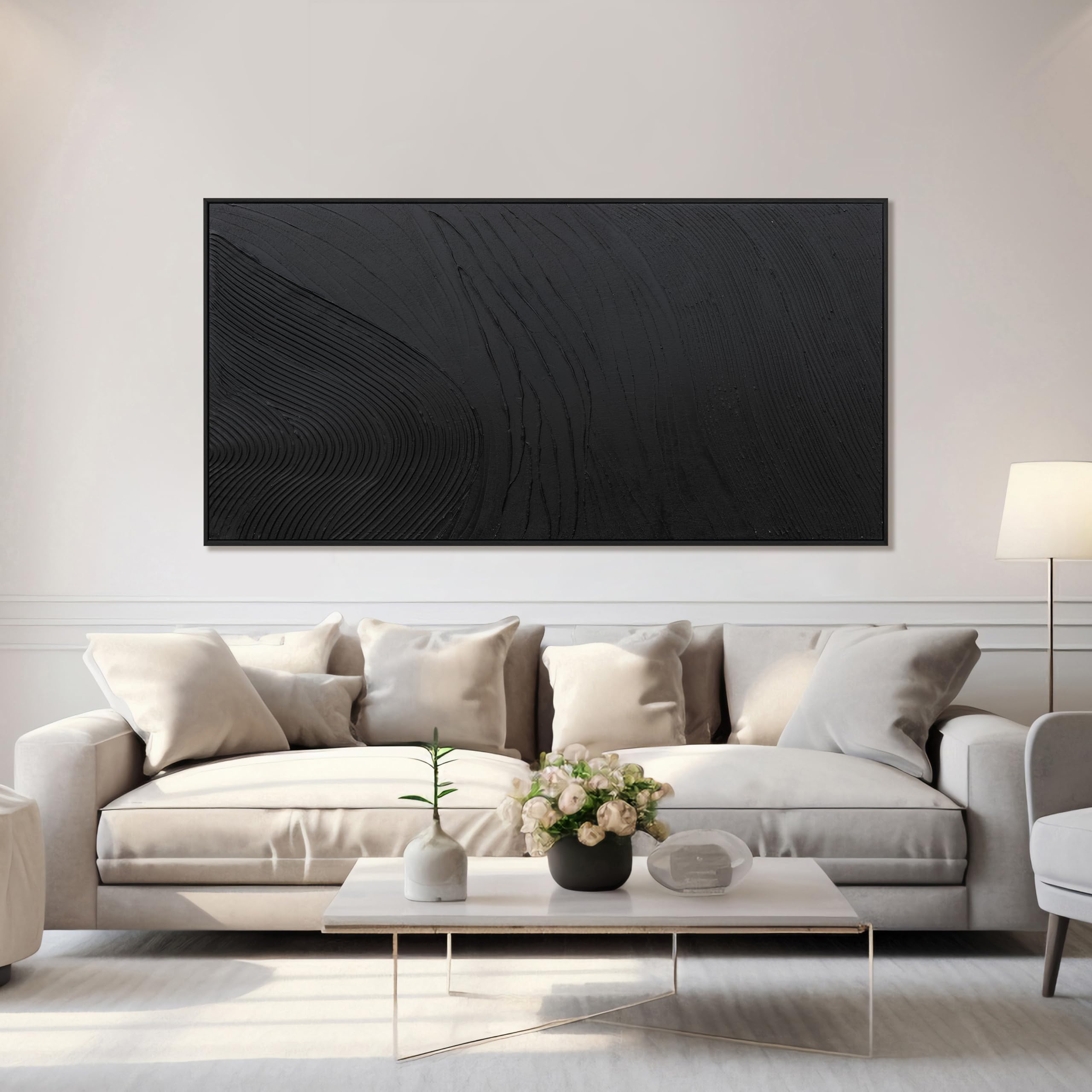 TQJ YILUFA ART Large Abstract Canvas Wall Art, Black, 58"x29", Framed Hand Painted Texture Decor for Living Room, Bedroom, Office
