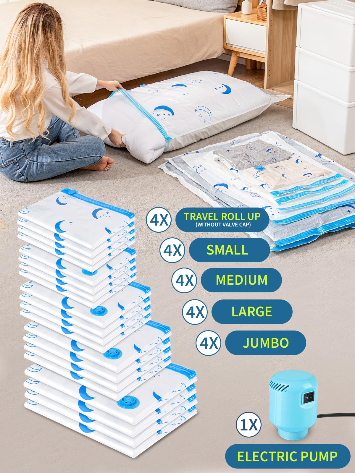 Vacuum Storage Bags With Electric Air Pump, 20 Pack (4 Jumbo, 4 Large, 4 Medium, 4 Small, 4 Roll Up Bags) Space Saving Bag For C
