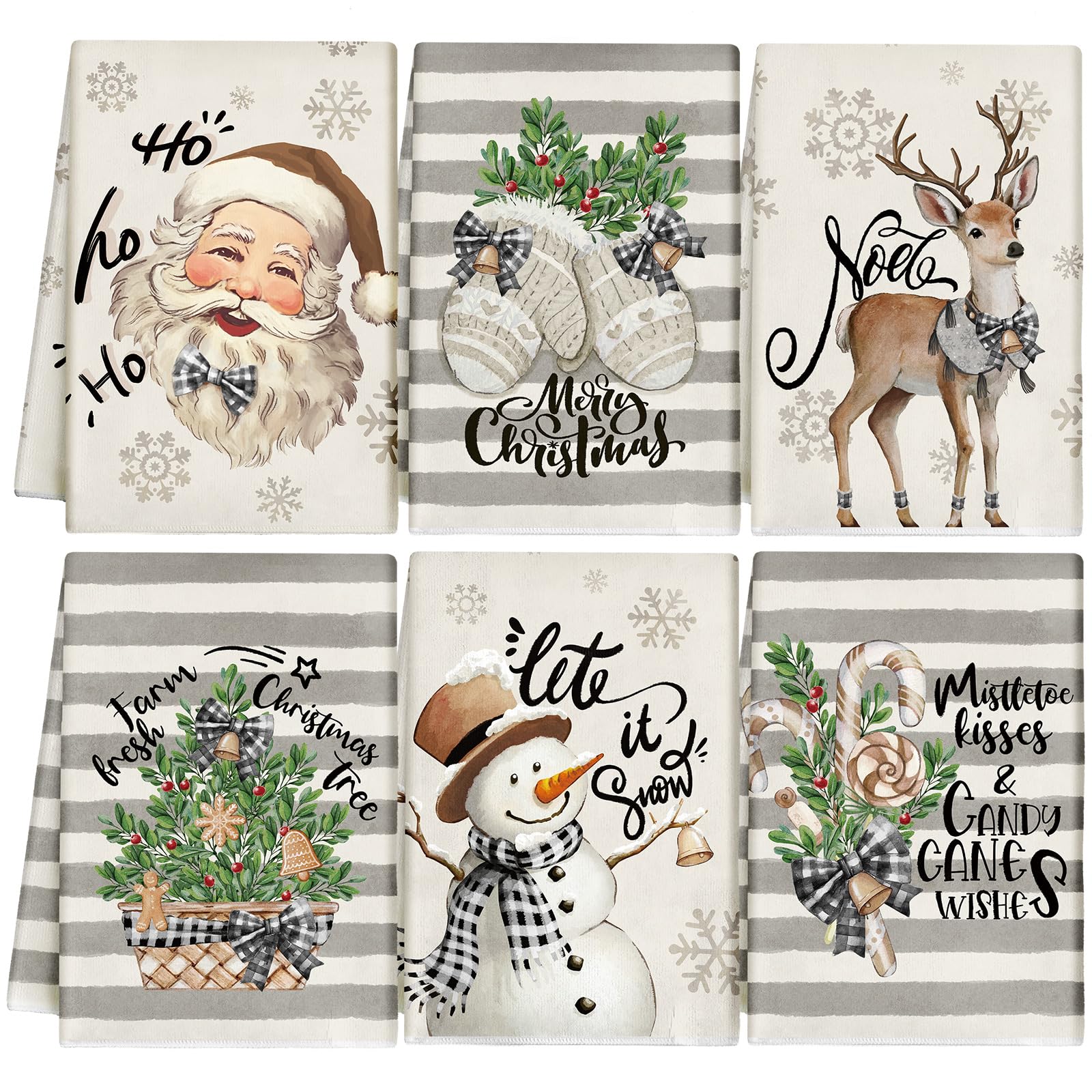 Hosuly 6 Pcs Christmas Kitchen Towels Winter Dish Cloth Farmhouse Christmas Tea Towels Santa Snowman Reindeer Gloves Eucalyptus 