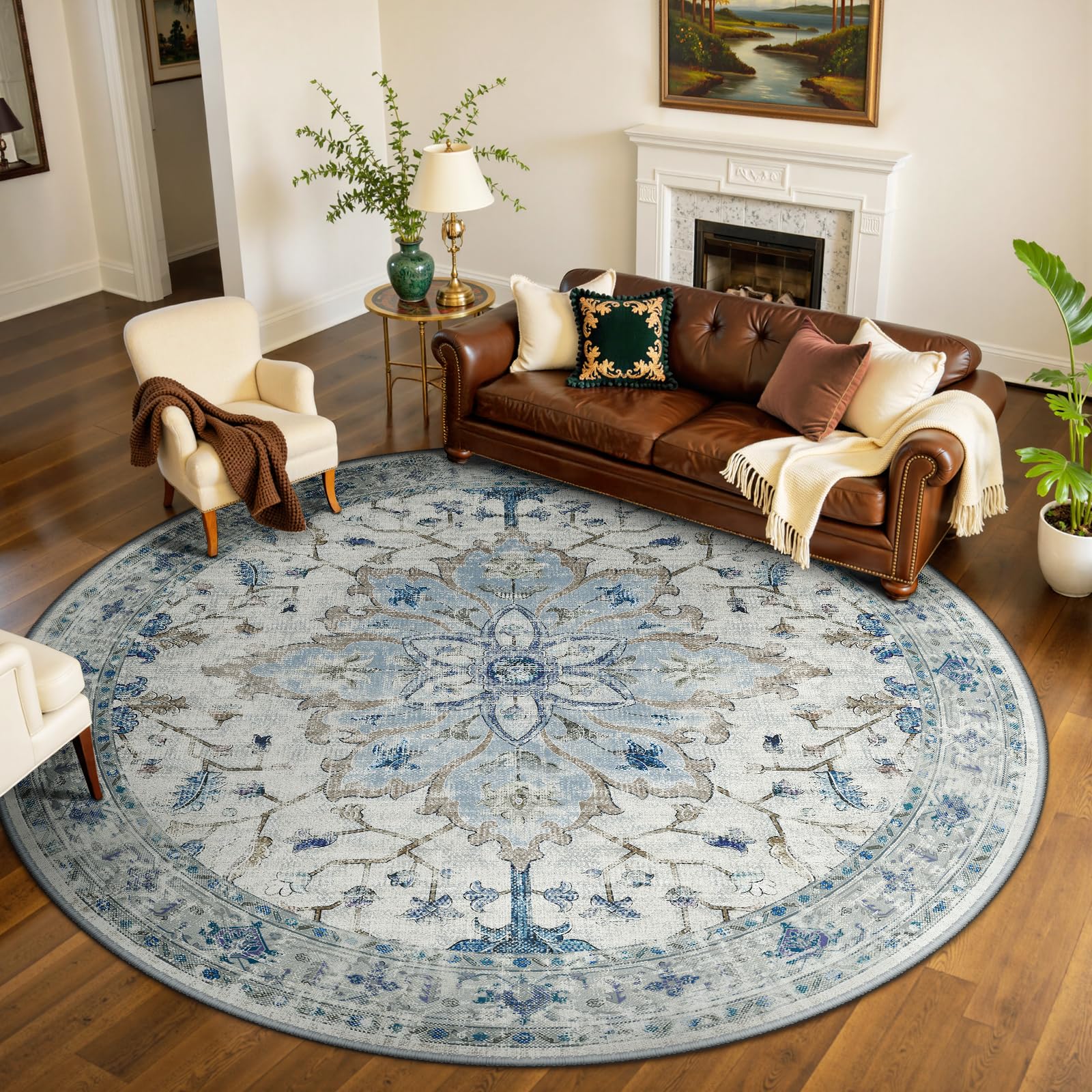 RELEANY Area Rugs 8ft Washable Non-Slip, Floral Vintage Distress Print Pattern Medallion Carpet for Living Room Bedroom Dining R