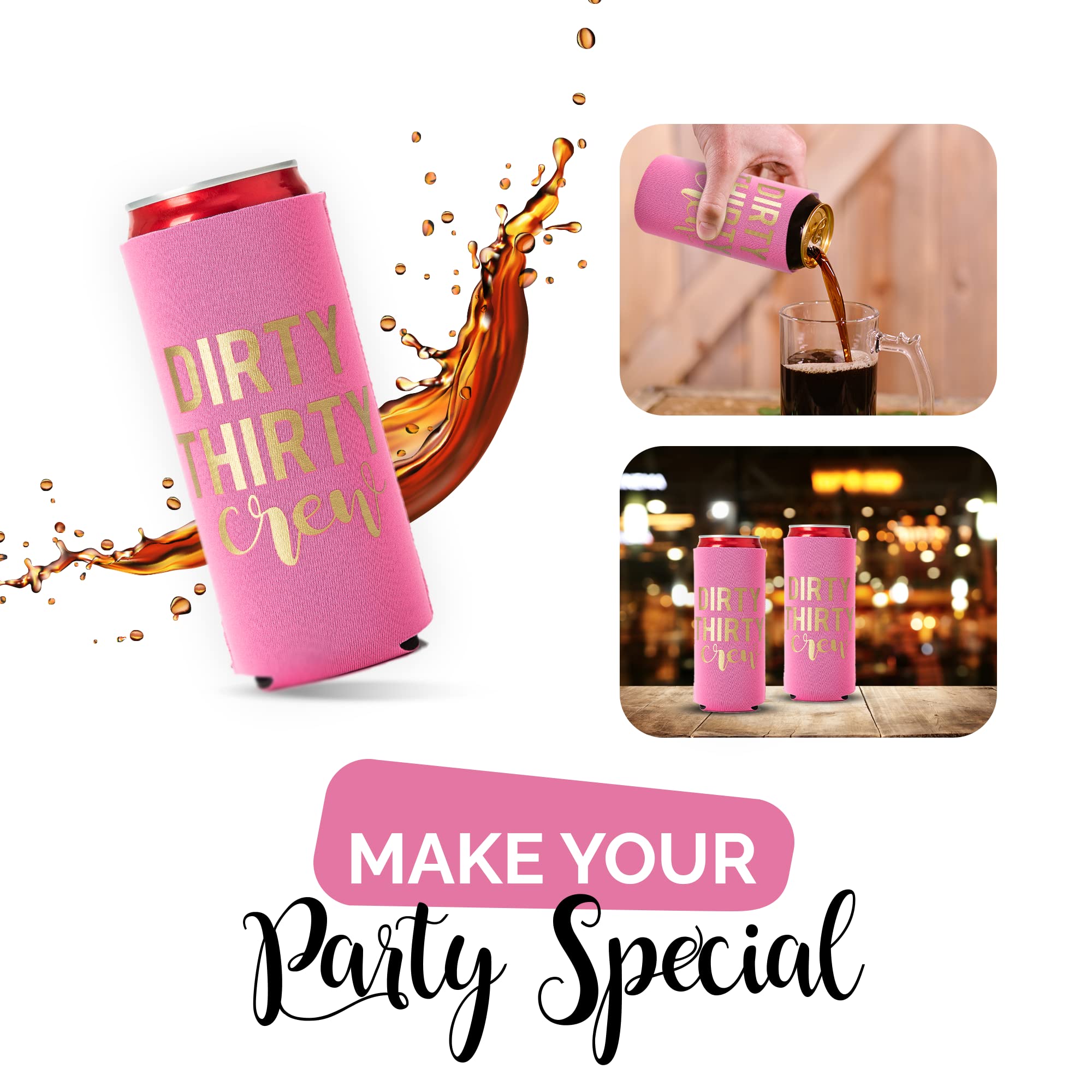 Dirty Thirty Crew Can Coolers, 30Th Birthday Party Coolies, Set Of 12, Black/White And Gold Thirtieth Birthday Cup Coolers, Perf