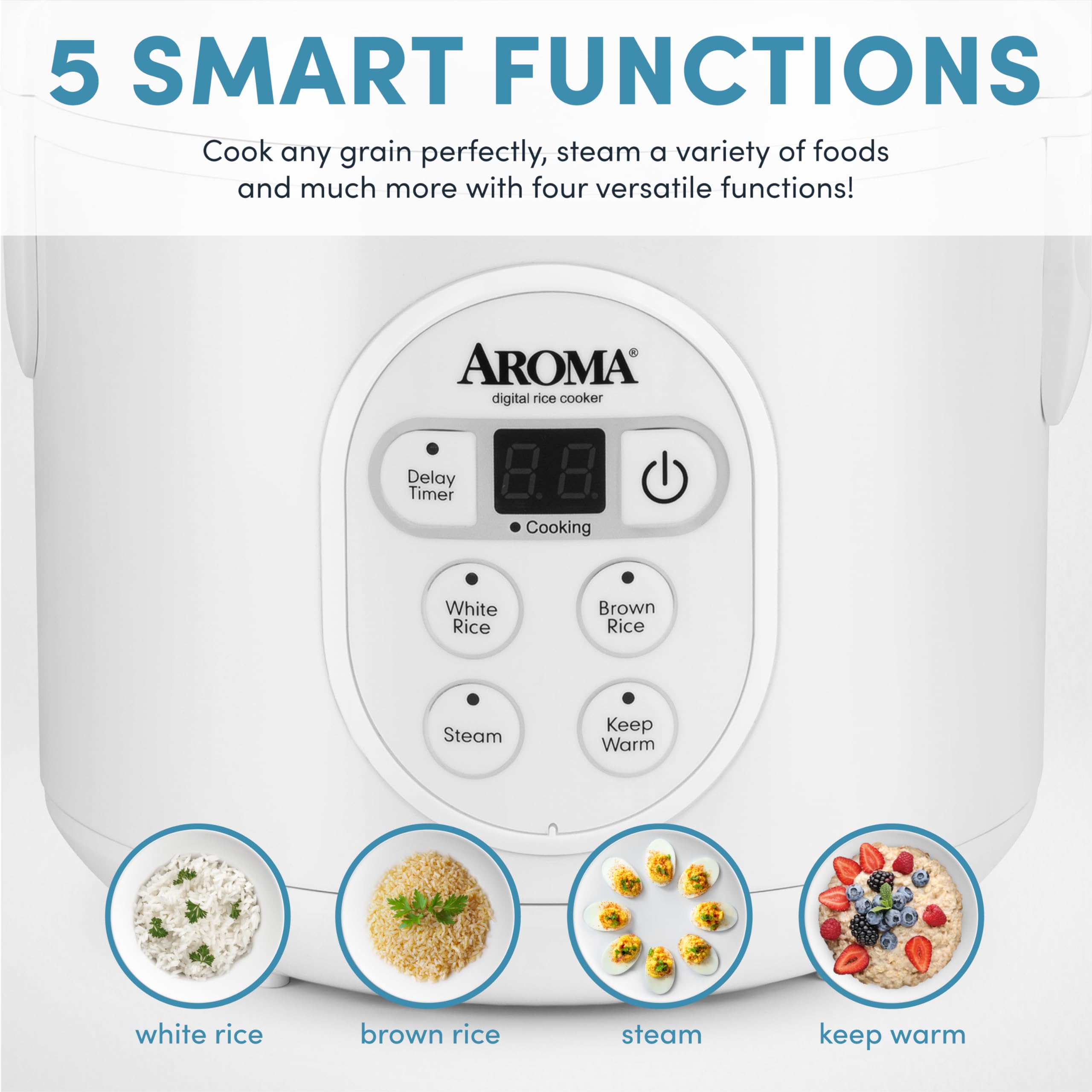 Aroma Housewares Digital Rice Cooker & Food Steamer, 8-Cup Cooked, 4-Cup Uncooked, White, Model ARC-914D, Steel Material