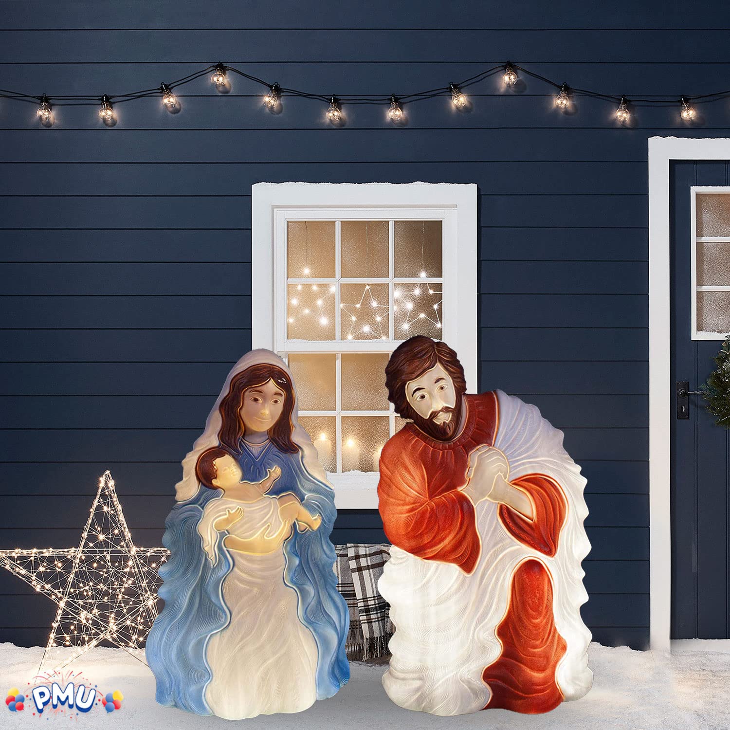 PMU Christmas Light-Up Nativity Set - Plastic Blow Mold 2 Piece Statue Illuminated with 6  Cord and Light - Nativity Family Set