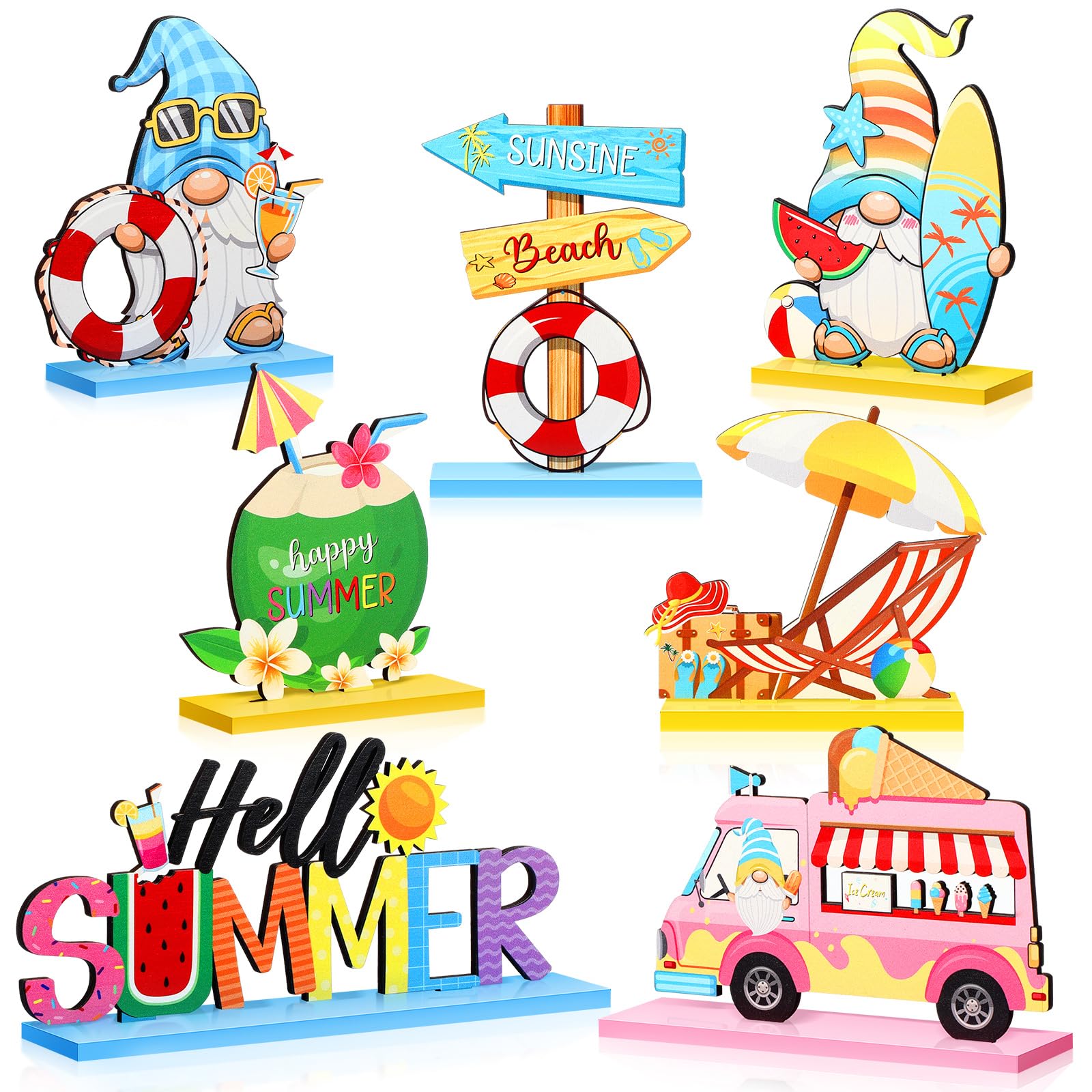 Kigley 7 Pieces Hello Summer Table Decoration Sign Wooden Centerpieces Beach Gnome Wooden Decor for Farmhouse Summer Beach Home 