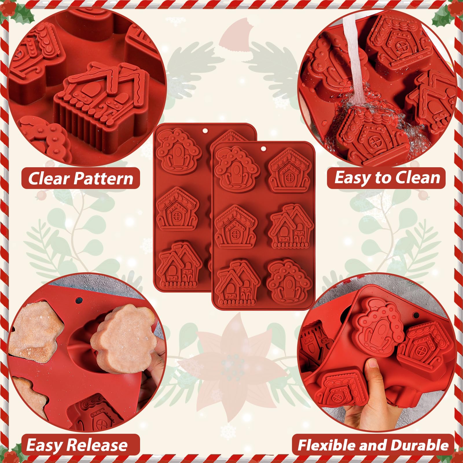Webake Gingerbread House Cake Molds Silicone Christmas Village Gingerbread Mold 6-Cavity, Perfect For Cake, Soap (Pack Of 2)