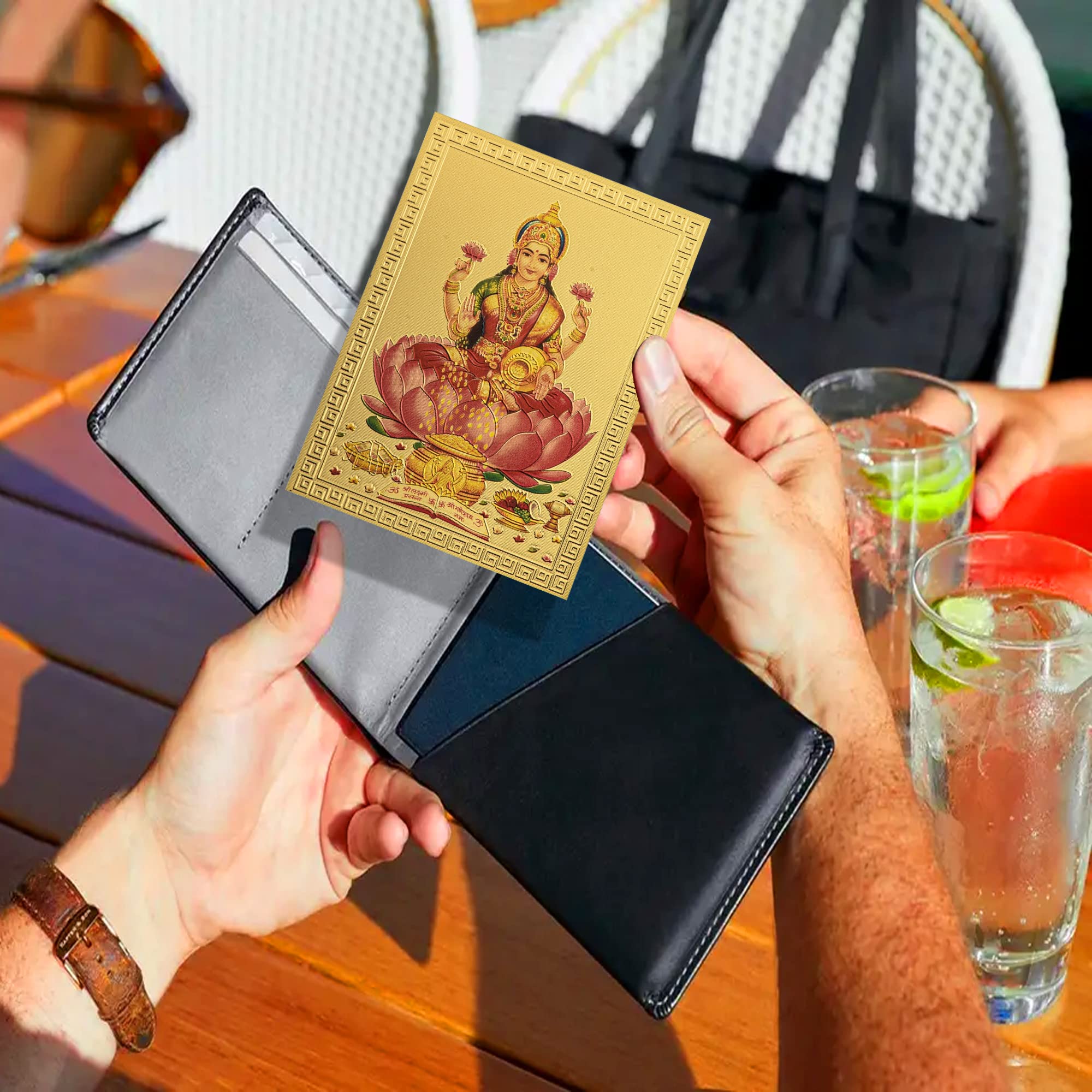 Hawai Small Pocket Size Gold Plated Lord Ganesh Laxmi Poster Sticker Combo Set For Worship Use, 8.5X6 Cm, Sfdi46_54