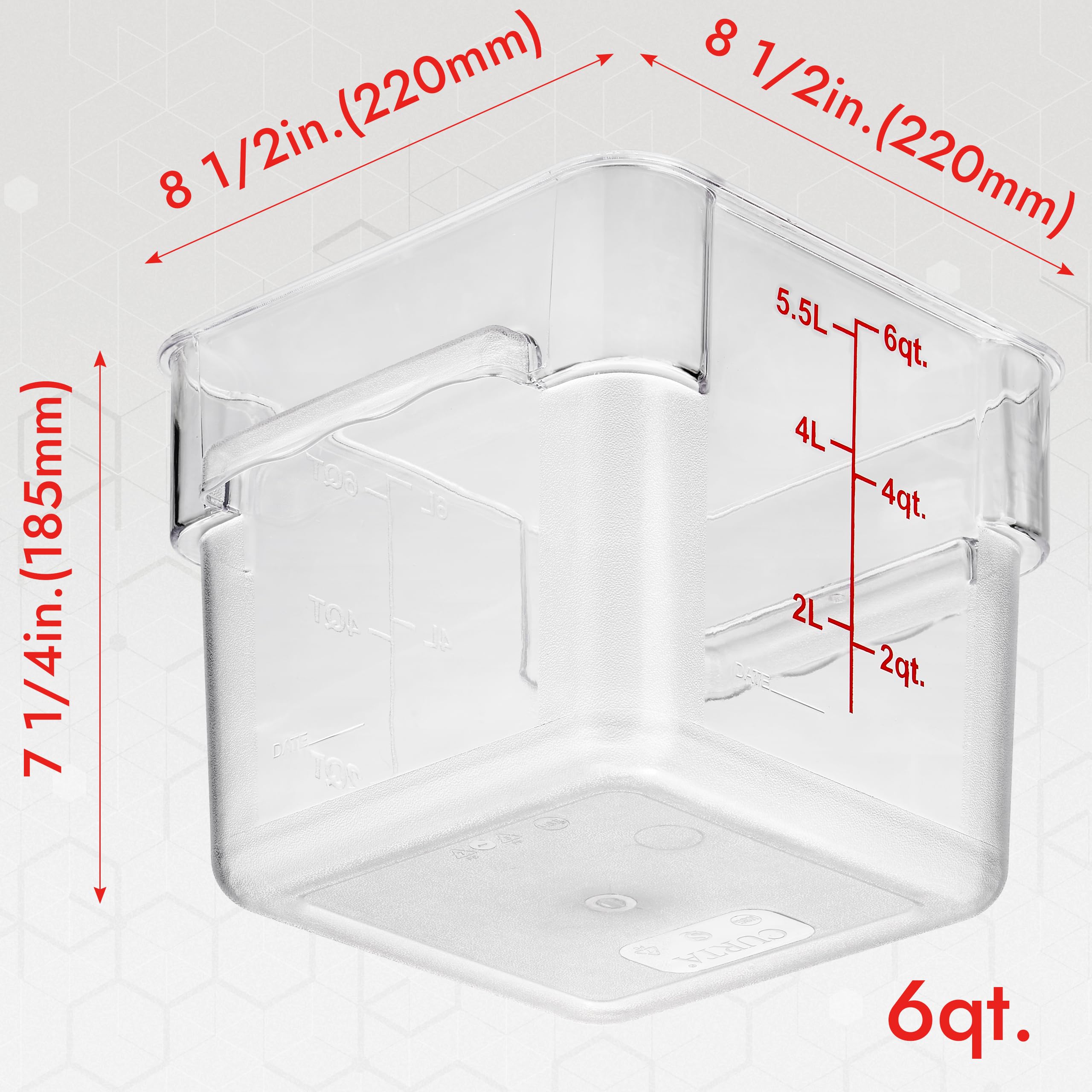 Curta 4 Pack Food Storage Container With Red Lid - Nsf Commercial Grade In 6.0 Qt - Square, Clear, Polycarbonate