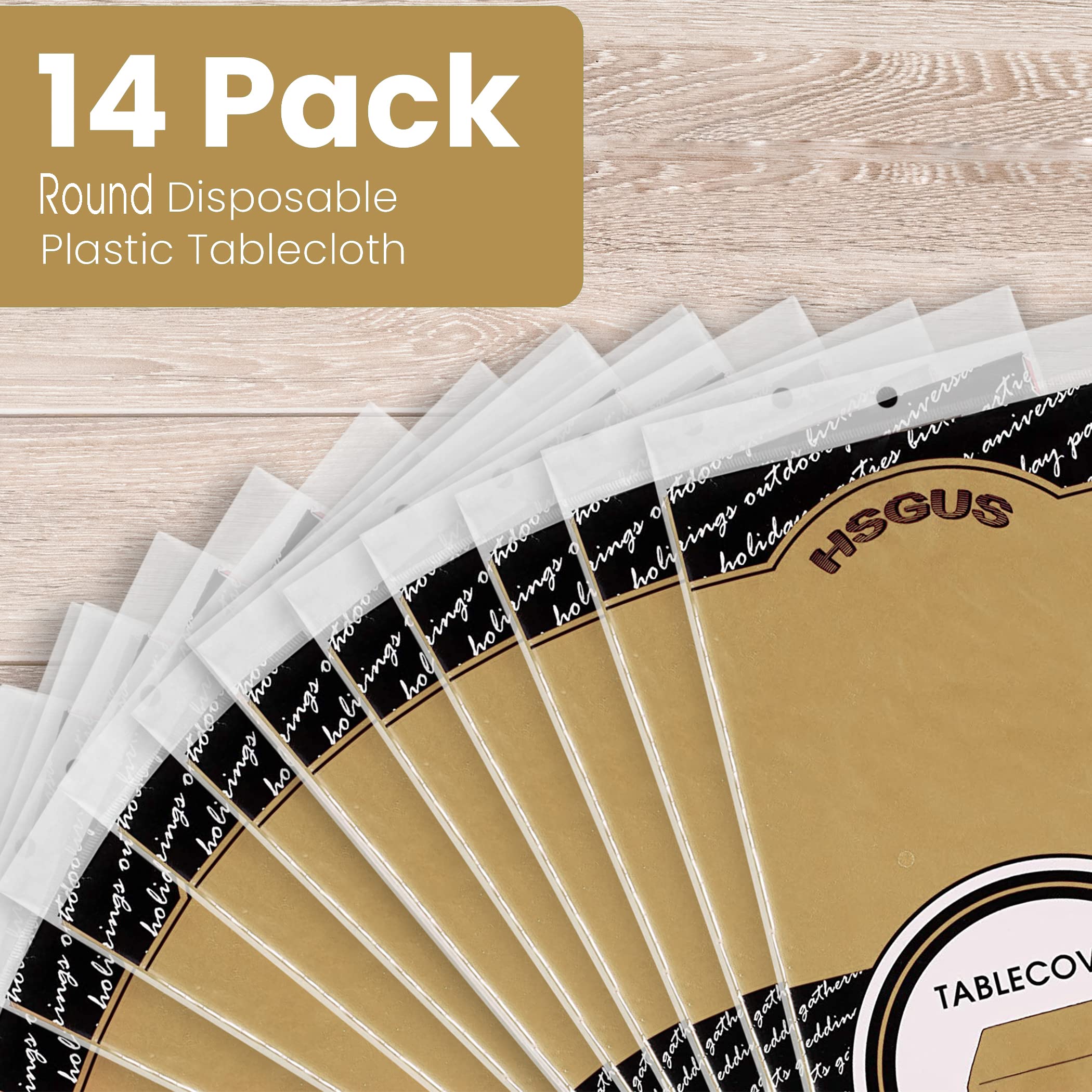 14 Pack Premium Round Gold Plastic Tablecloth - 84 X 84 In. Disposable Round Plastic Table Cloth - Decorative Round Table Cover