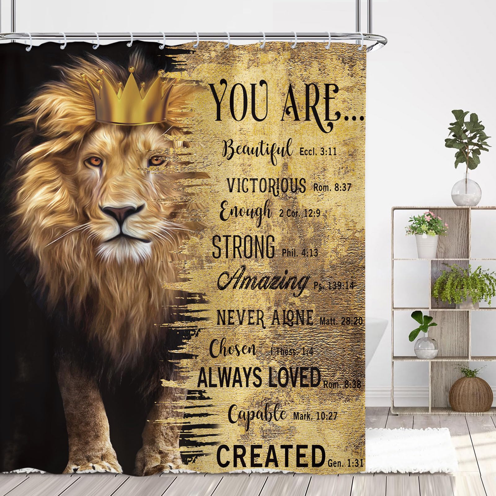 Kalmico Lion Man Shower Curtain 60Wx72L Inch Motivational Inspirational Quotes Positive Bible Animal Black Gold Masculine Bathro