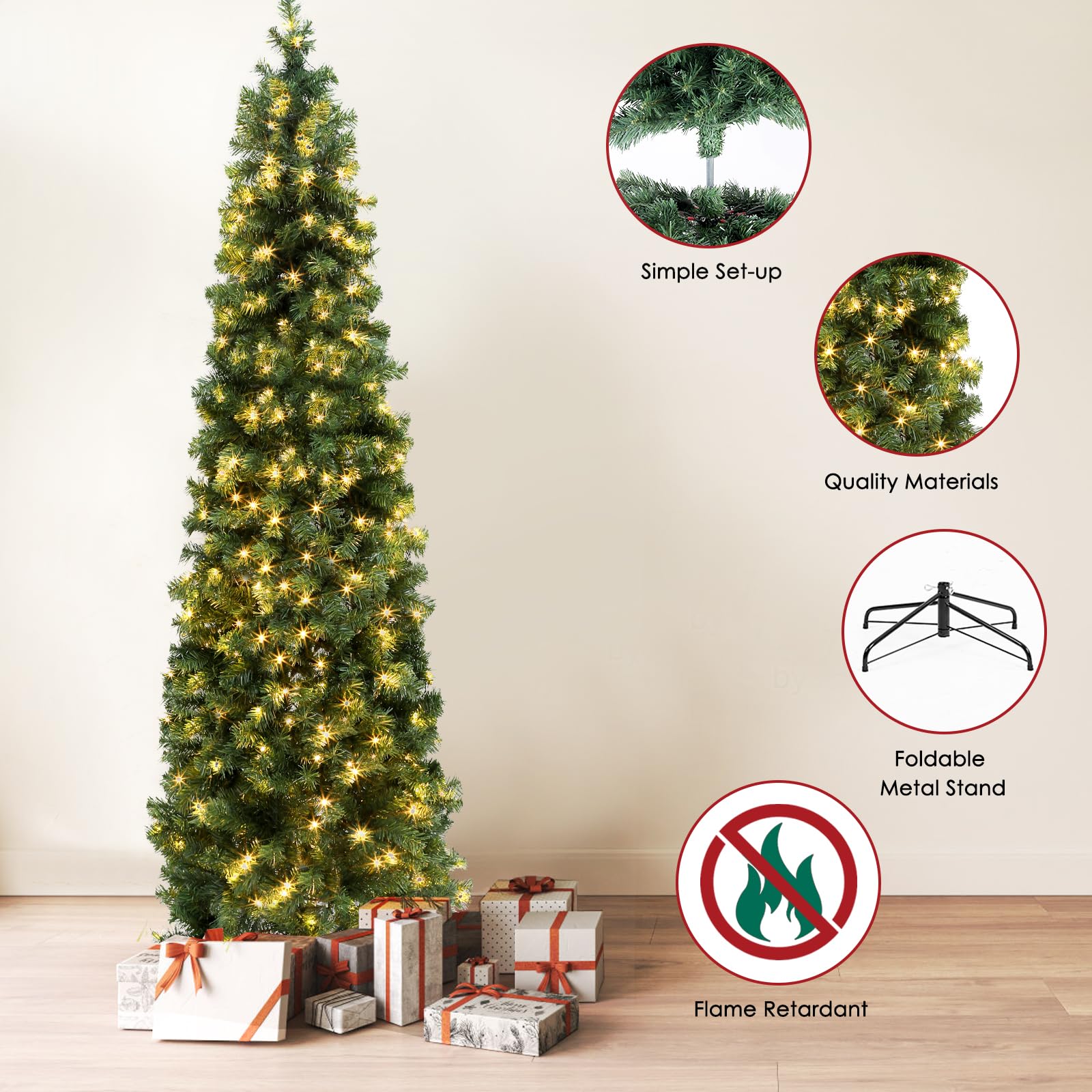 okicoler 4.5ft Pre-lit Pencil Christmas Tree Fir Hinged Slim Corner Xmas Tree Holiday Decoration with 250 Incandescent Warm Whit