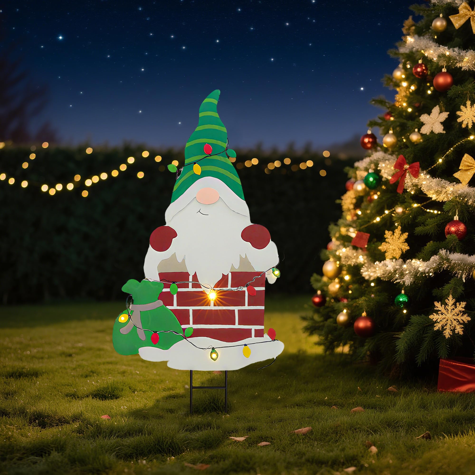 Solar LED Santa Claus Garden Metal Stake, Santa Climbing Out of Chimney with Gifts Design, Waterproof Outdoor Christmas Decor fo